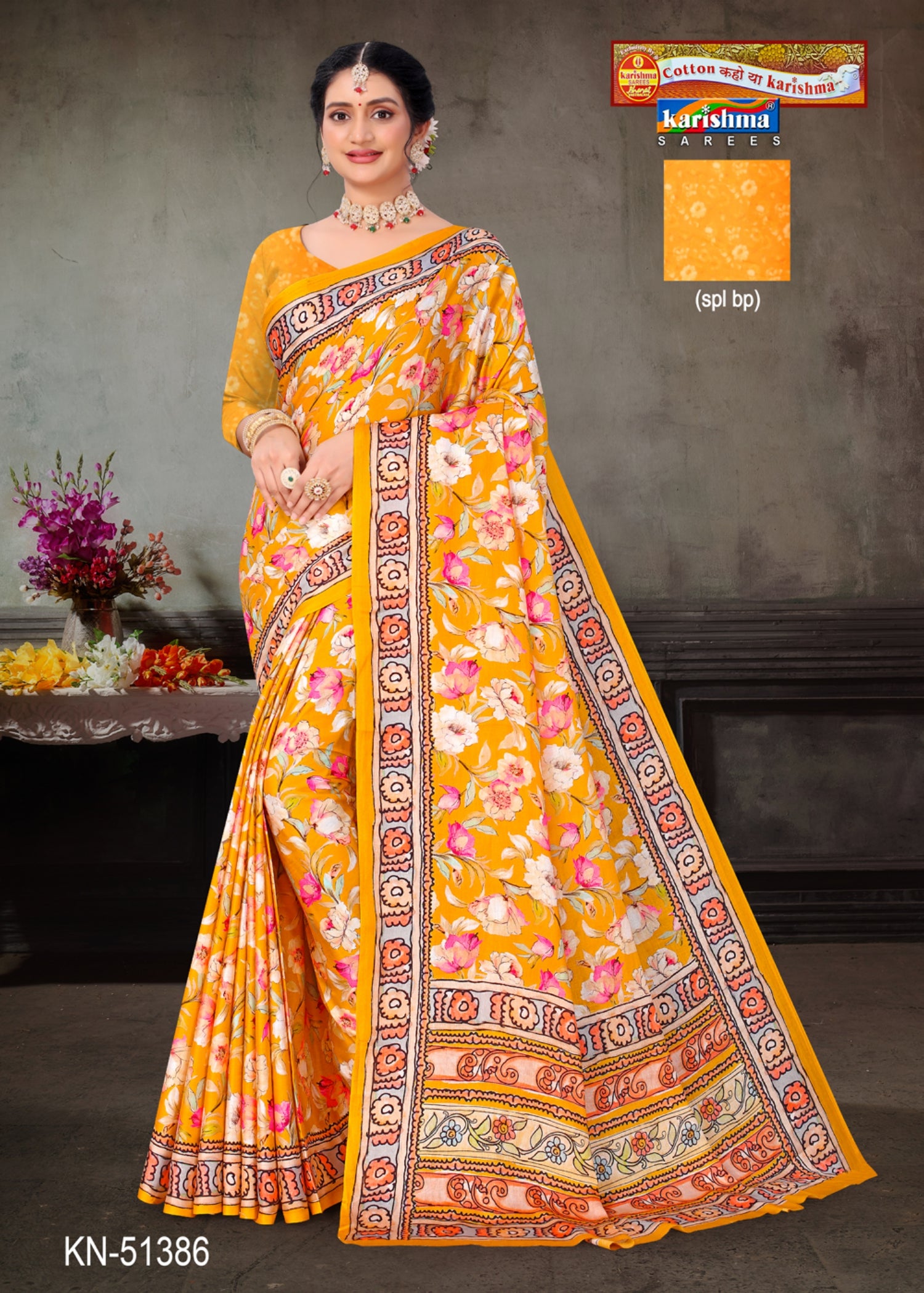 Yellow Pure Cotton Malai (Soft) Saree With Vibrant Floral Design & Elegant Border