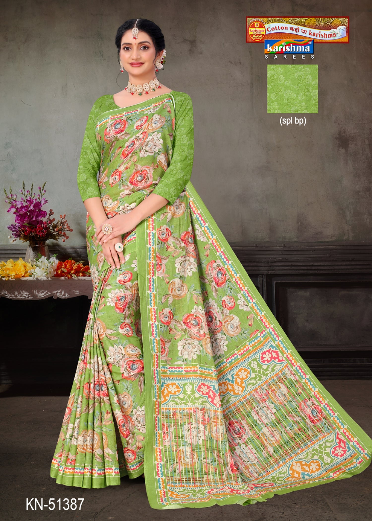 Pista Green Pure Cotton Malai (Soft) Saree With Vibrant Floral Design & Elegant Border