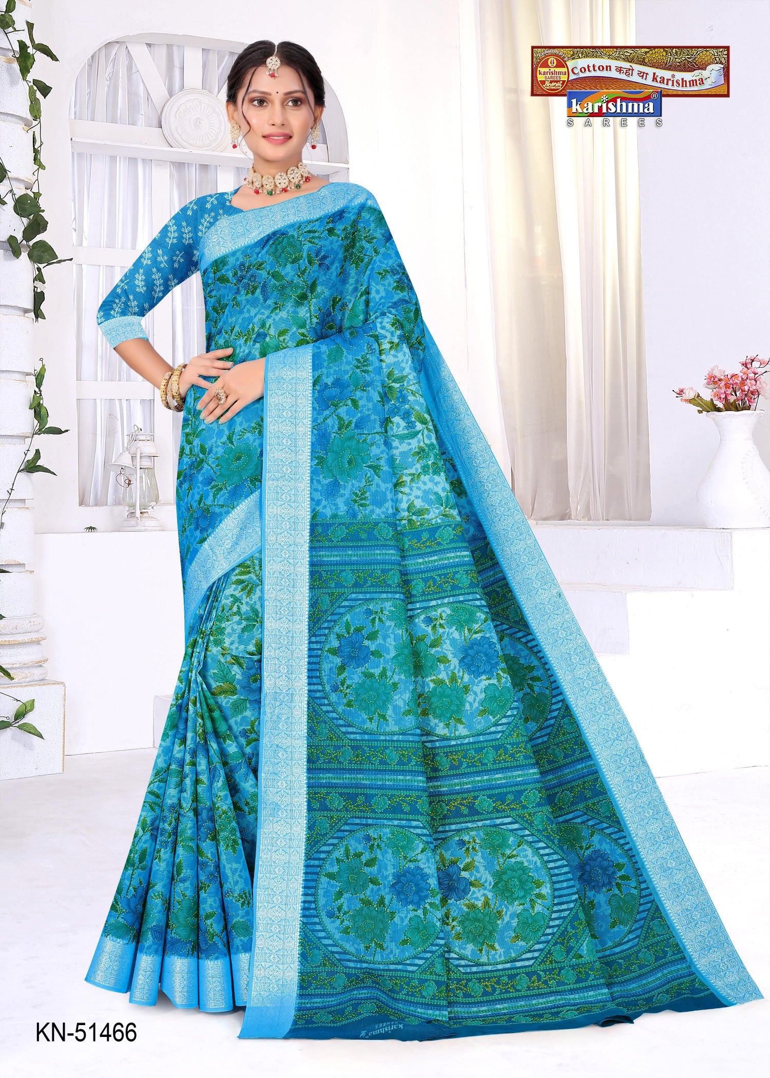 Blue Pure Cotton Mulmul (Medium Soft) Saree With Elegant Floral Print