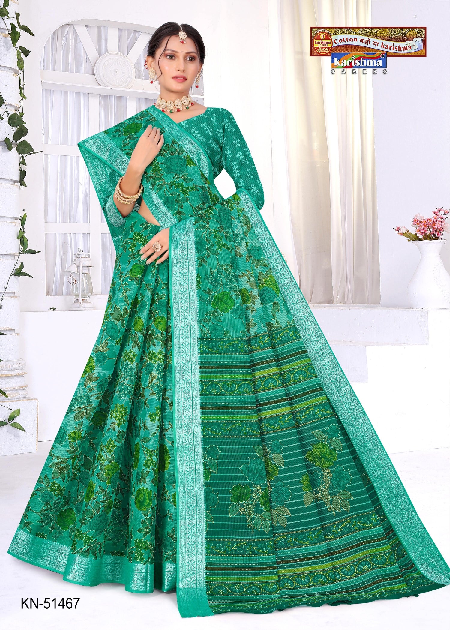 Green Pure Cotton Mulmul (Medium Soft) Saree With Elegant Floral Print