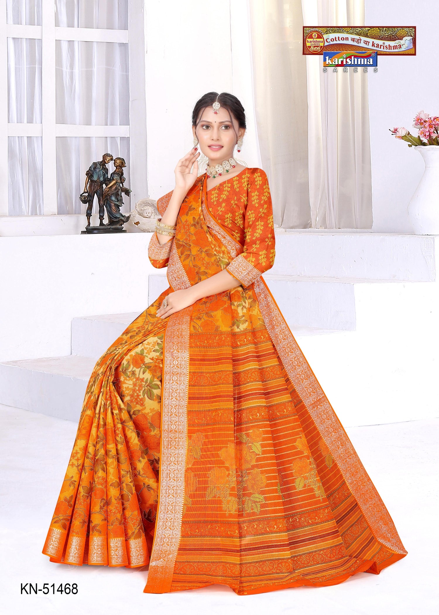Orange Pure Cotton Mulmul (Medium Soft) Saree With Elegant Floral Print