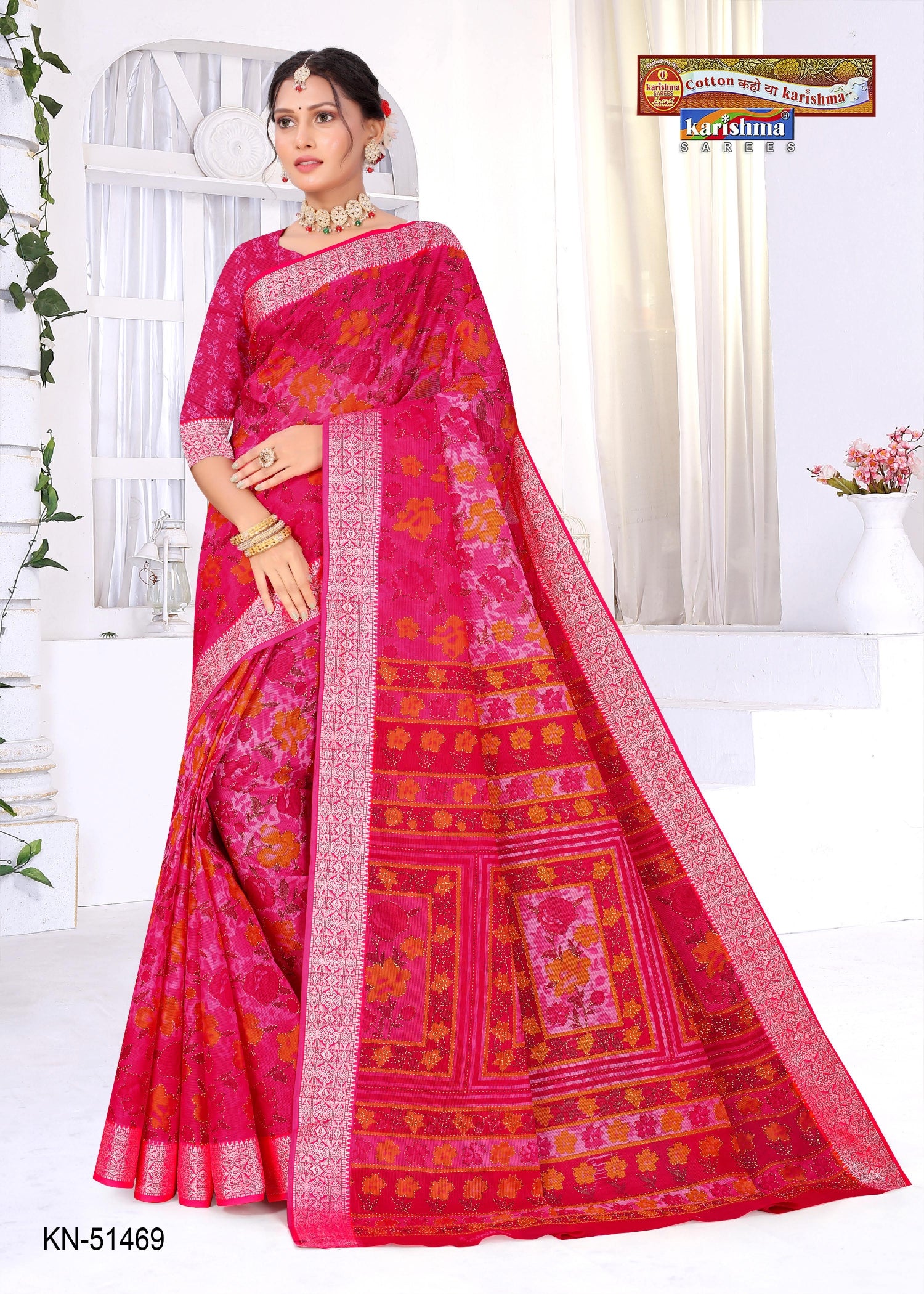 Pink Pure Cotton Mulmul (Medium Soft) Saree With Elegant Floral Print