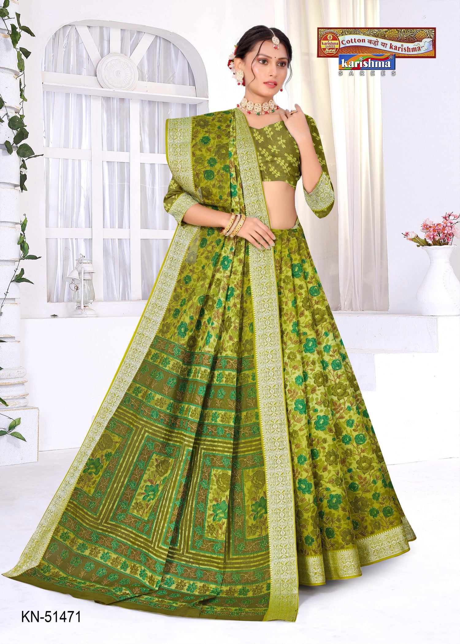 Olive Pure Cotton Mulmul (Medium Soft) Saree With Elegant Floral Print