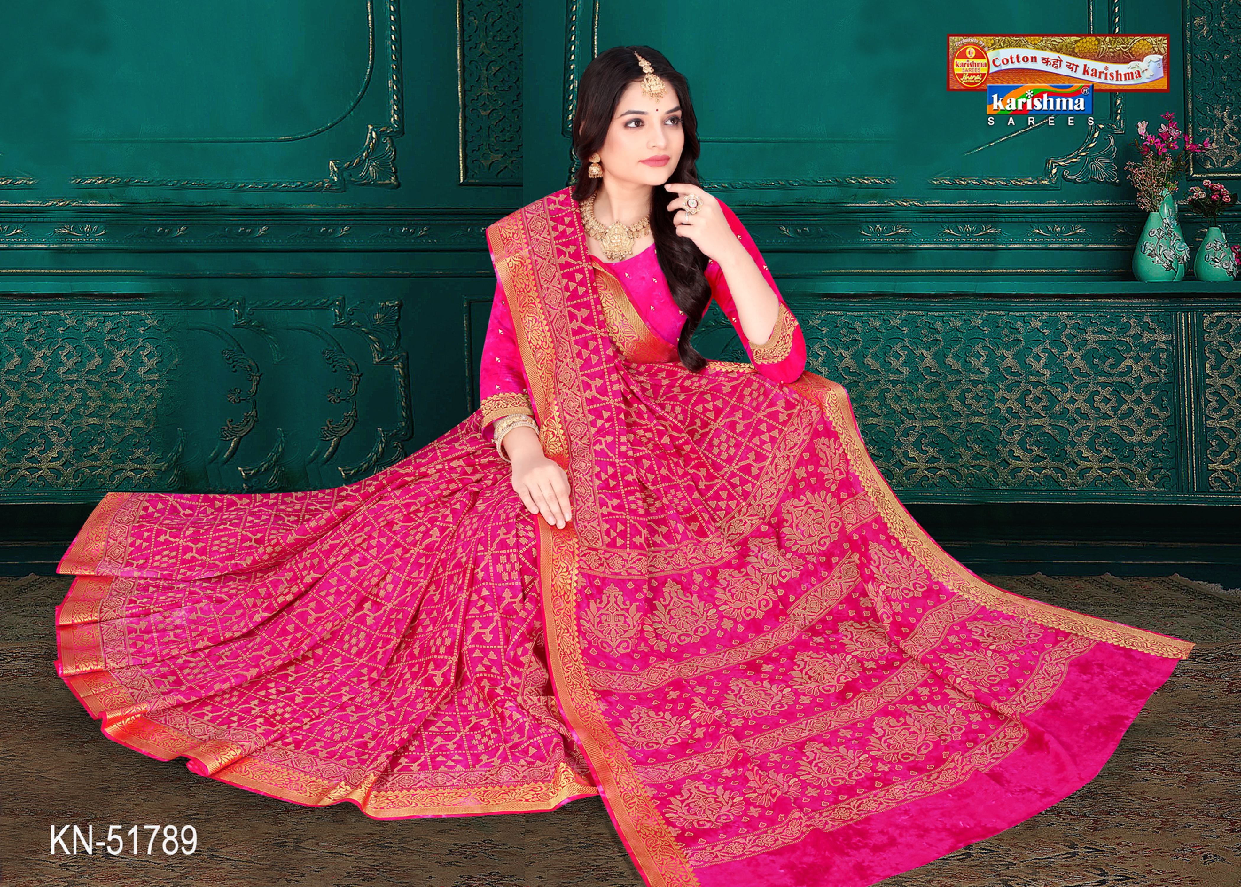 Pink Pure Cotton Traditional Muslin (Soft) Saree With Abstract Design And Golden Border