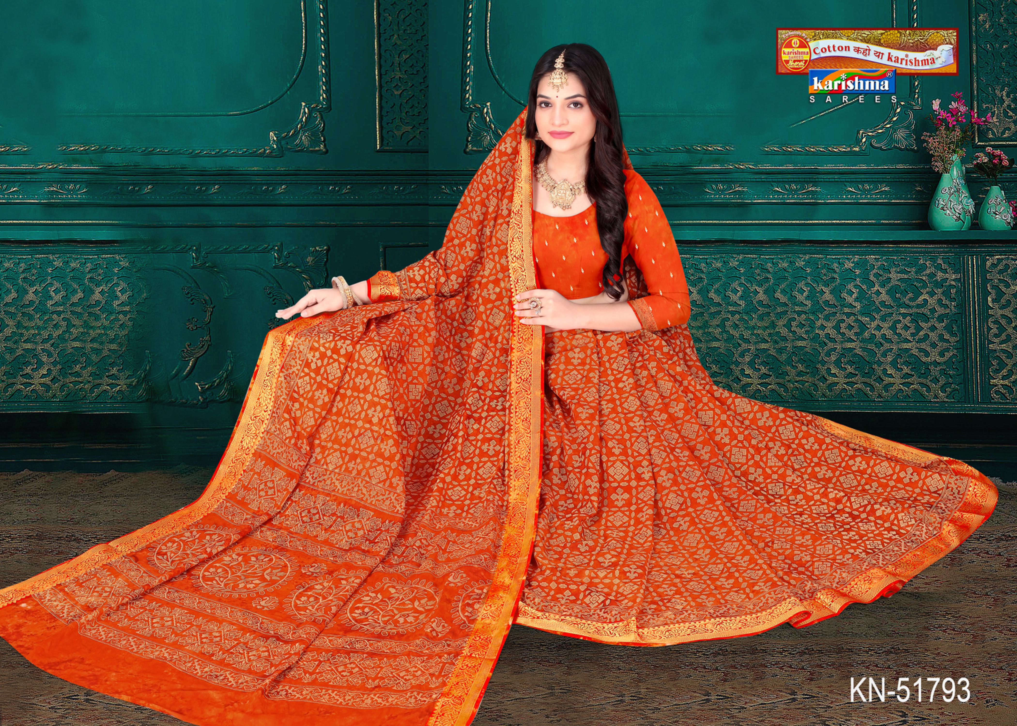 Orange Pure Cotton Traditional Muslin (Soft) Saree With Abstract Design And Golden Border