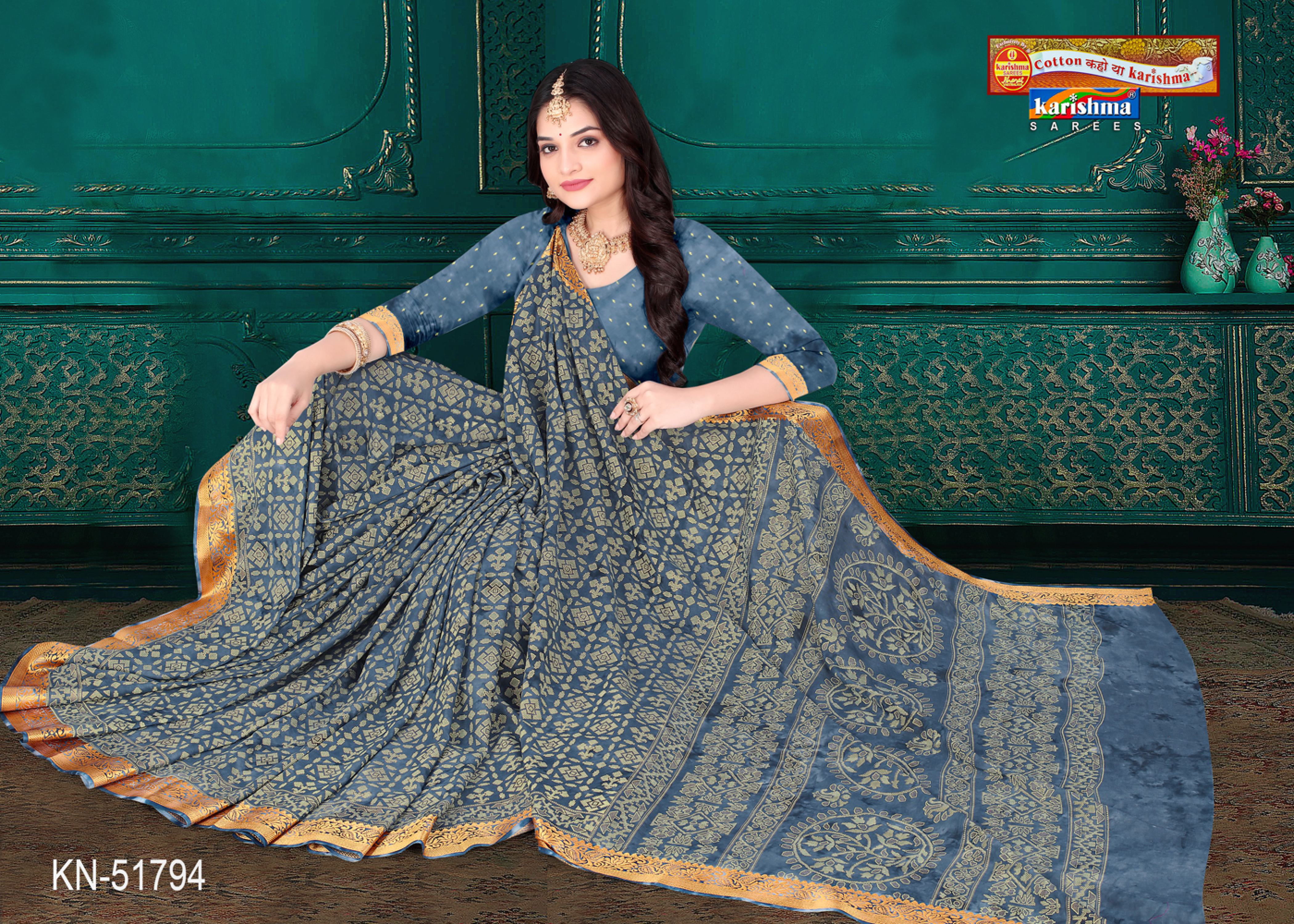 Teal Pure Cotton Traditional Muslin (Soft) Saree With Abstract Design And Golden Border