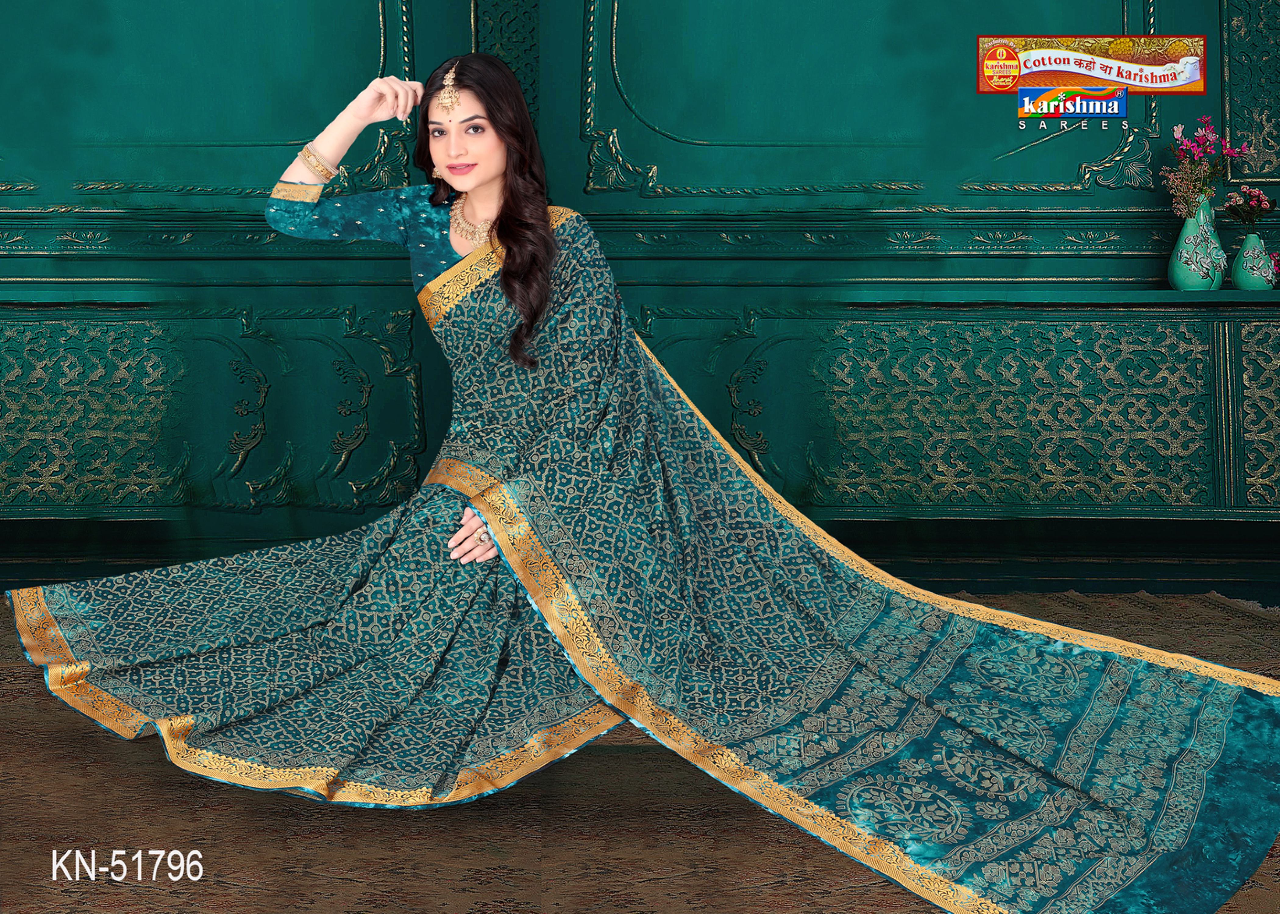 Teal Green Pure Cotton Traditional Muslin (Soft) Saree With Abstract Design And Golden Border