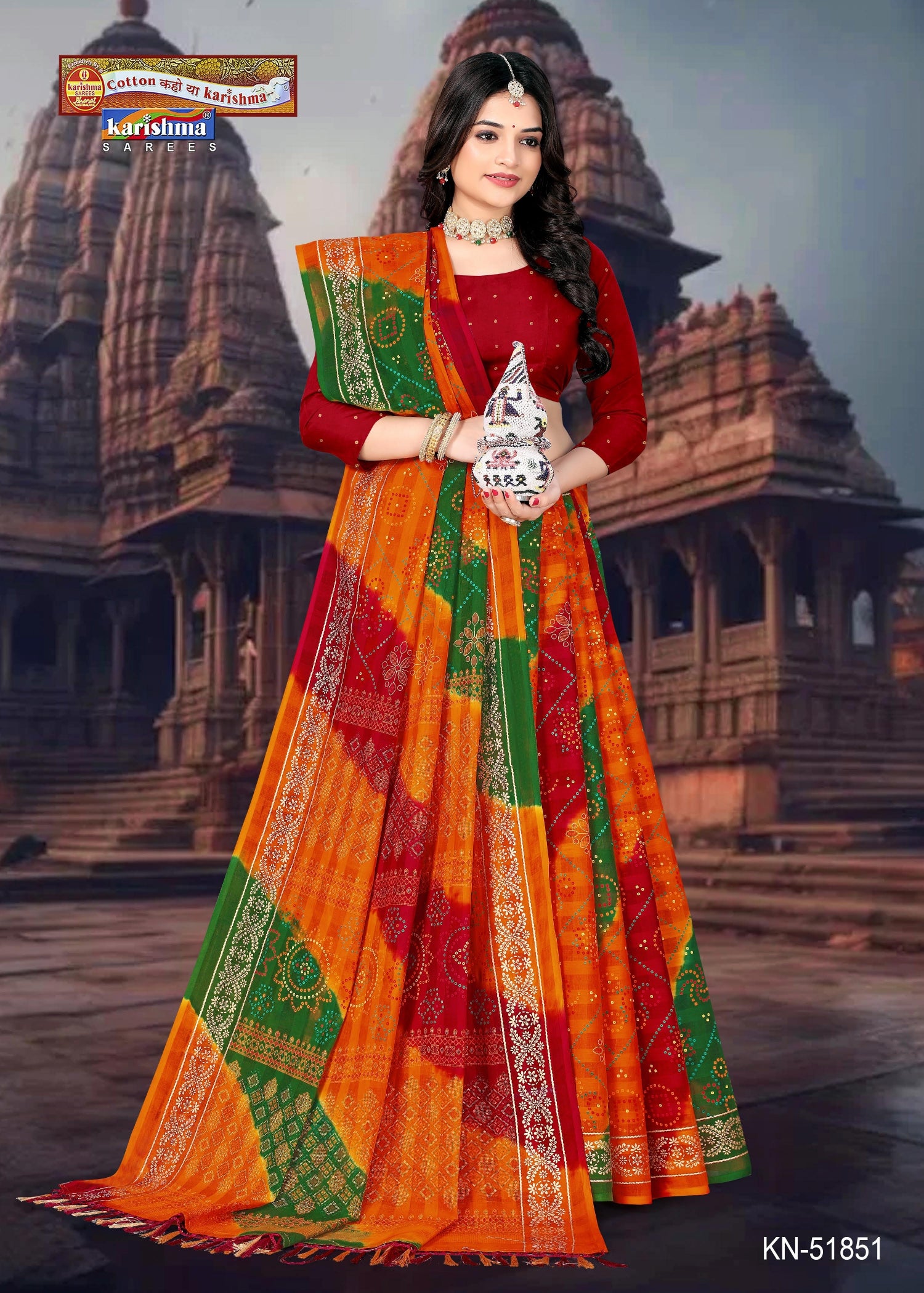 Red Pure Cotton  Malai (Soft) Saree With Bandhani Print And Golden Border