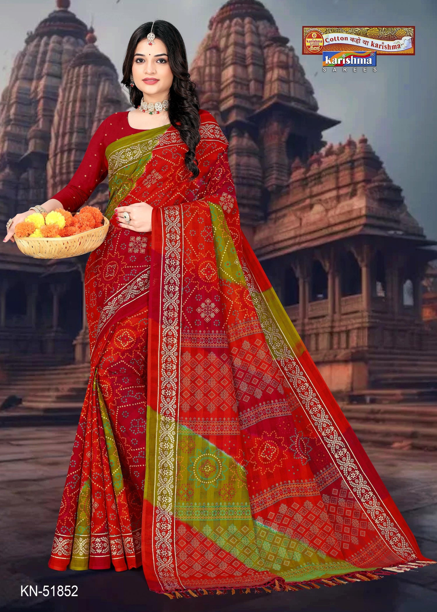 Red Pure Cotton  Malai (Soft) Saree With Bandhani Print And Golden Border