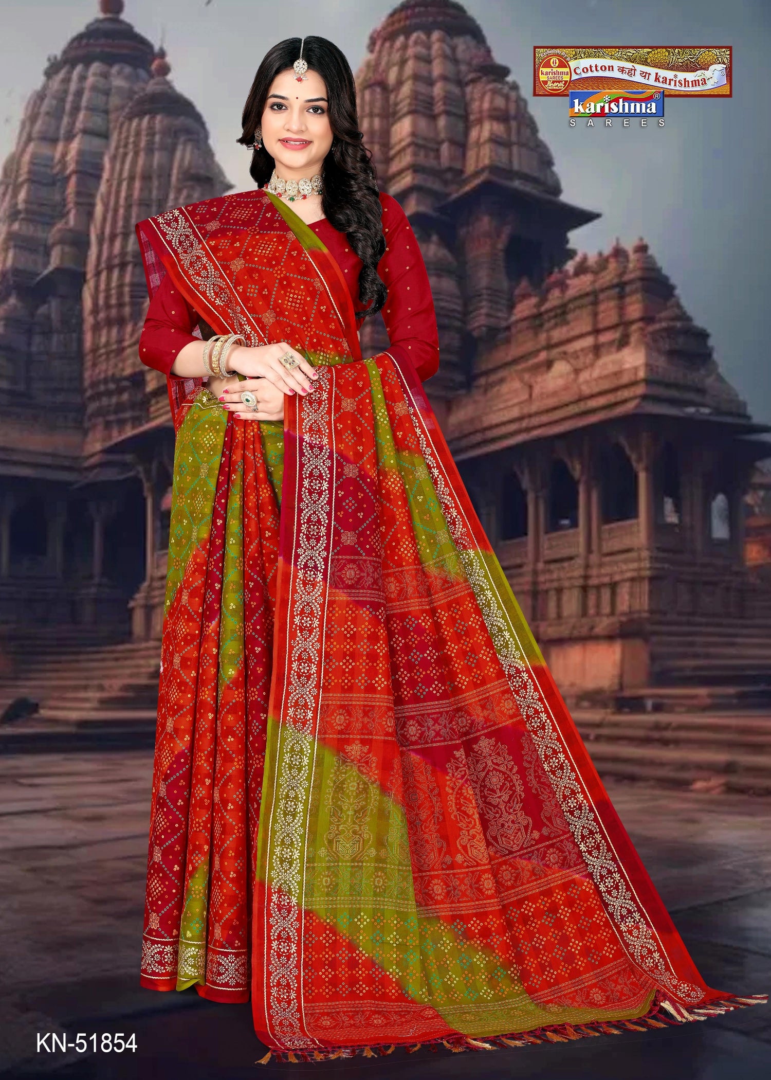 Red Pure Cotton  Malai (Soft) Saree With Bandhani Print And Golden Border