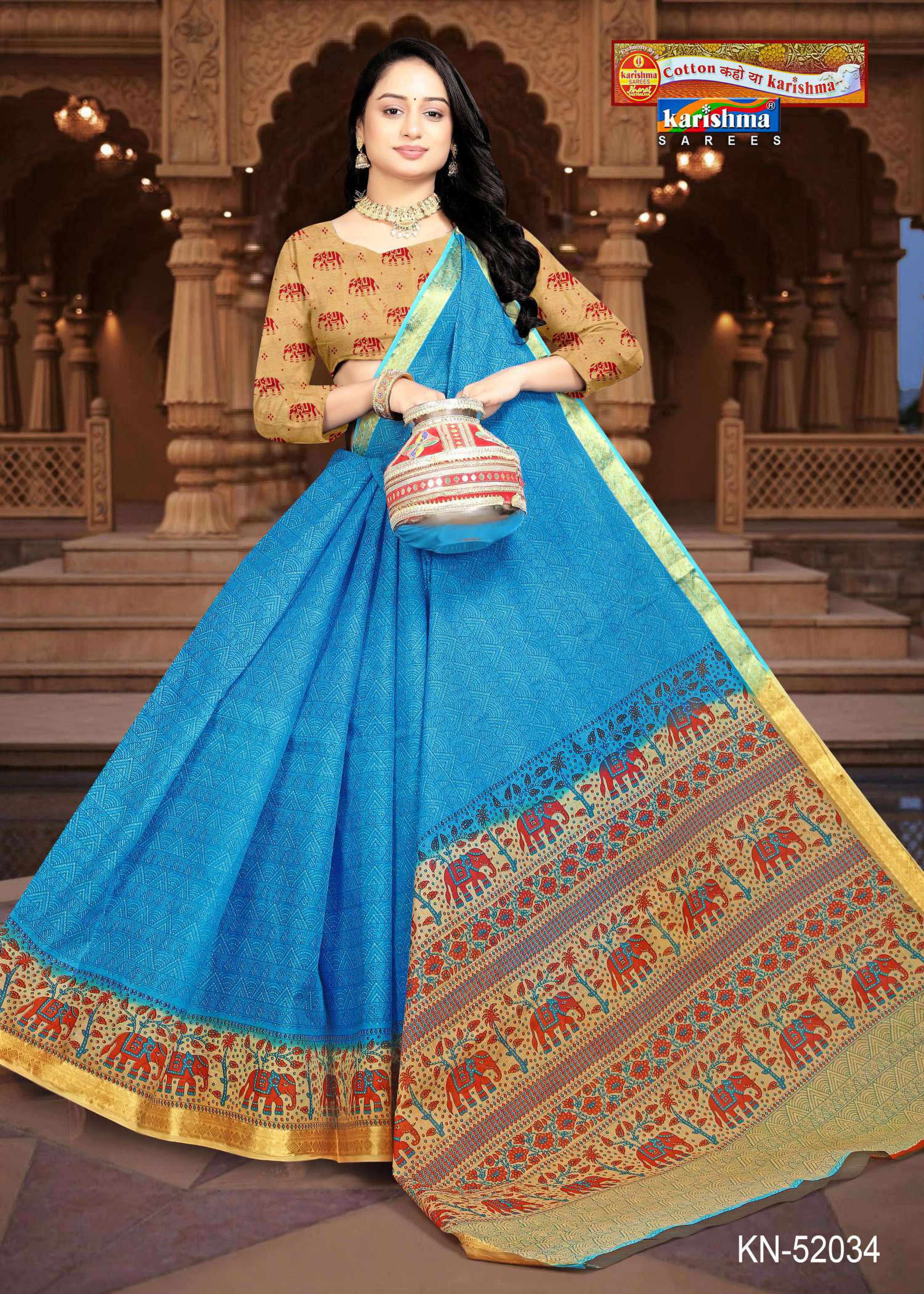 Blue Pure Cotton (Medium Soft) Mulmul Saree With Elephant Print On The Borders Along With Delicate Golden Border