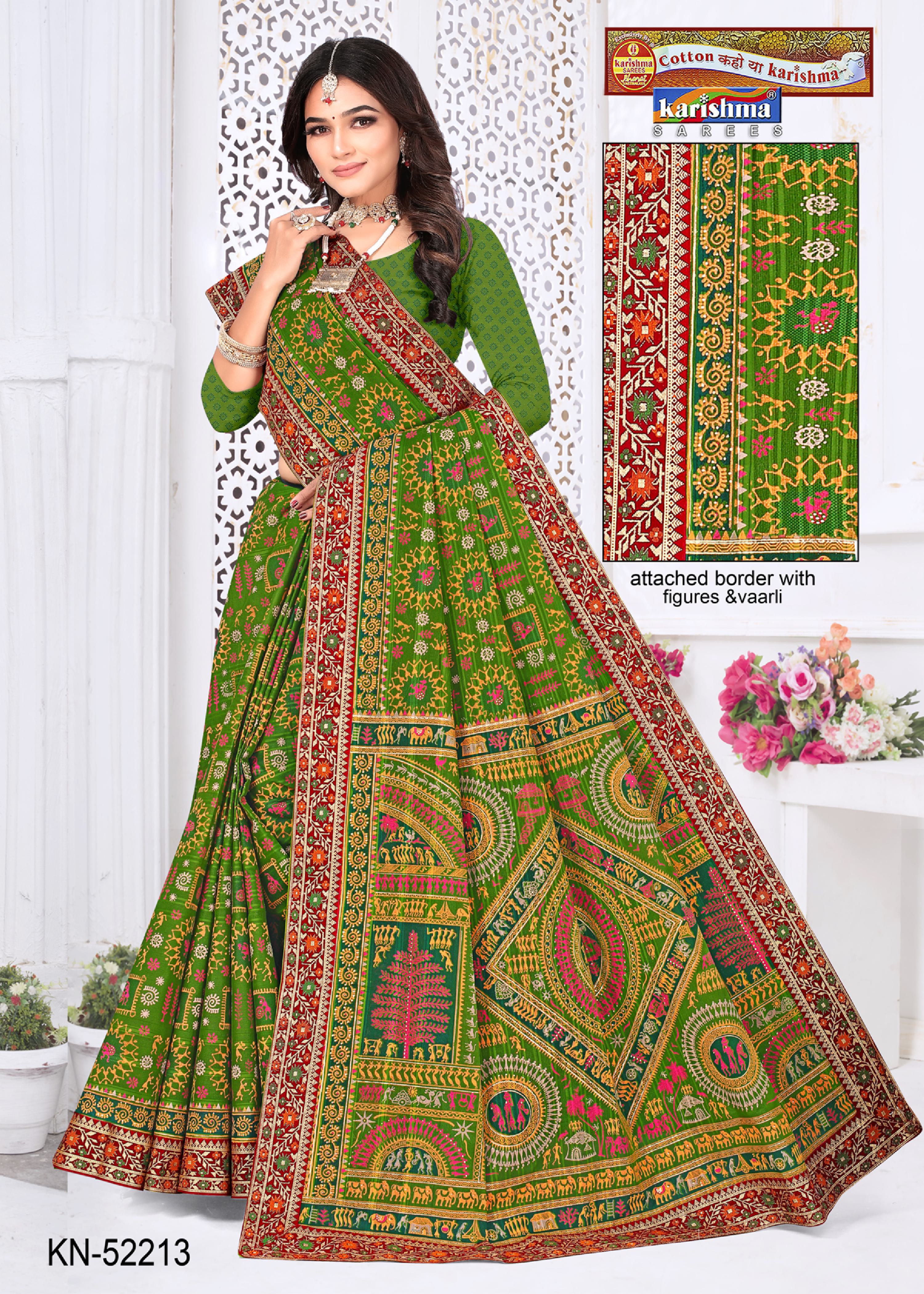 Green Pure Cotton Mulmul (Stiff ) Saree With Traditional Warli Print And Beautifil  Border