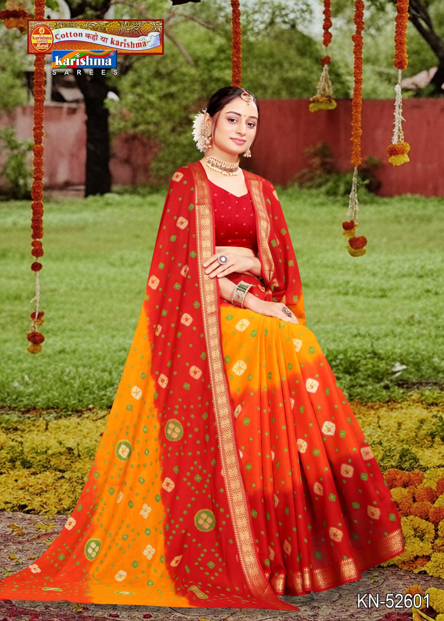Yellow & Red Pure Cotton Traditional (Soft) Muslin Saree With Delicate Bandhani Design.