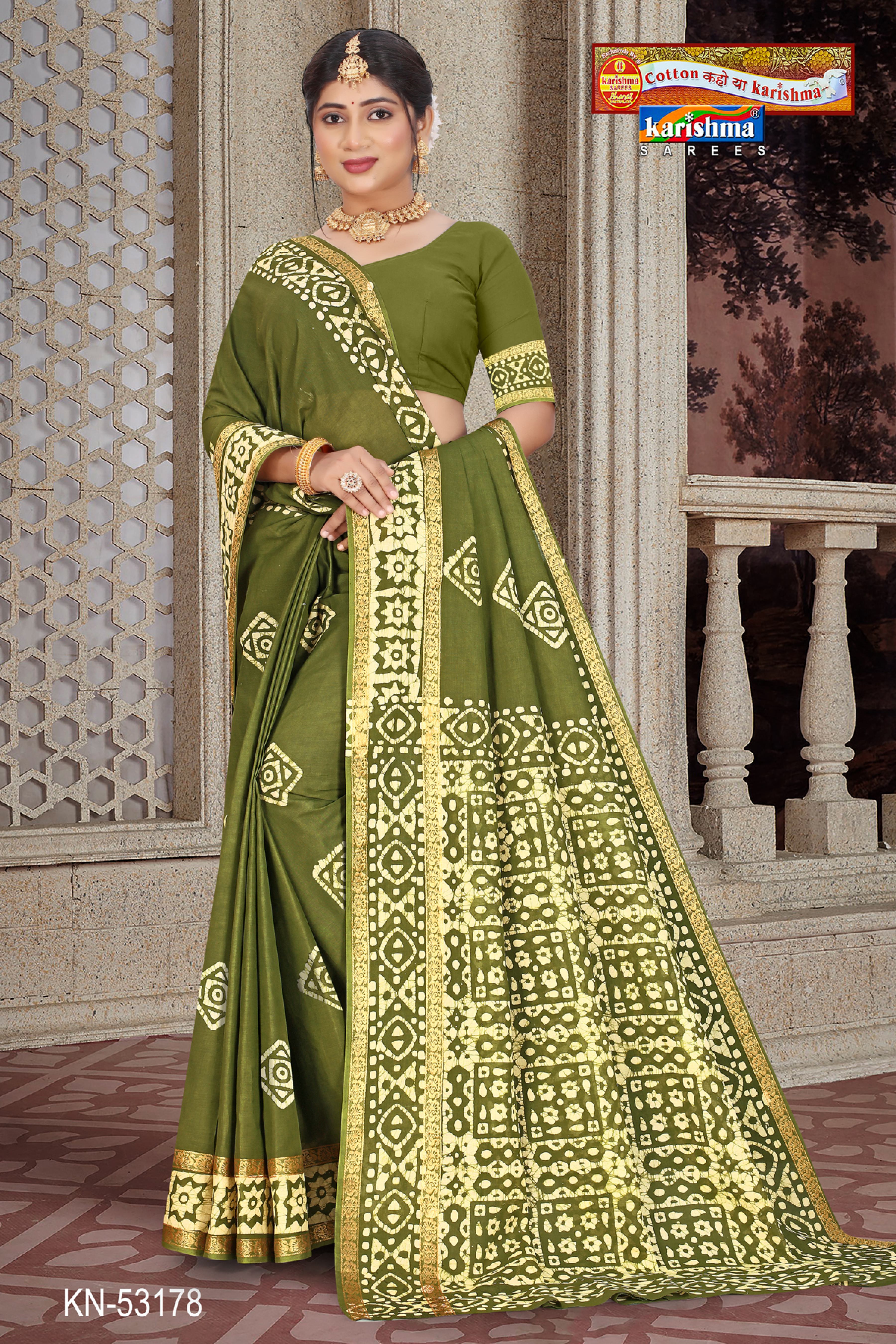 Olive  Pure Cotton (Soft) Muslin Saree With Traditional Batik Design