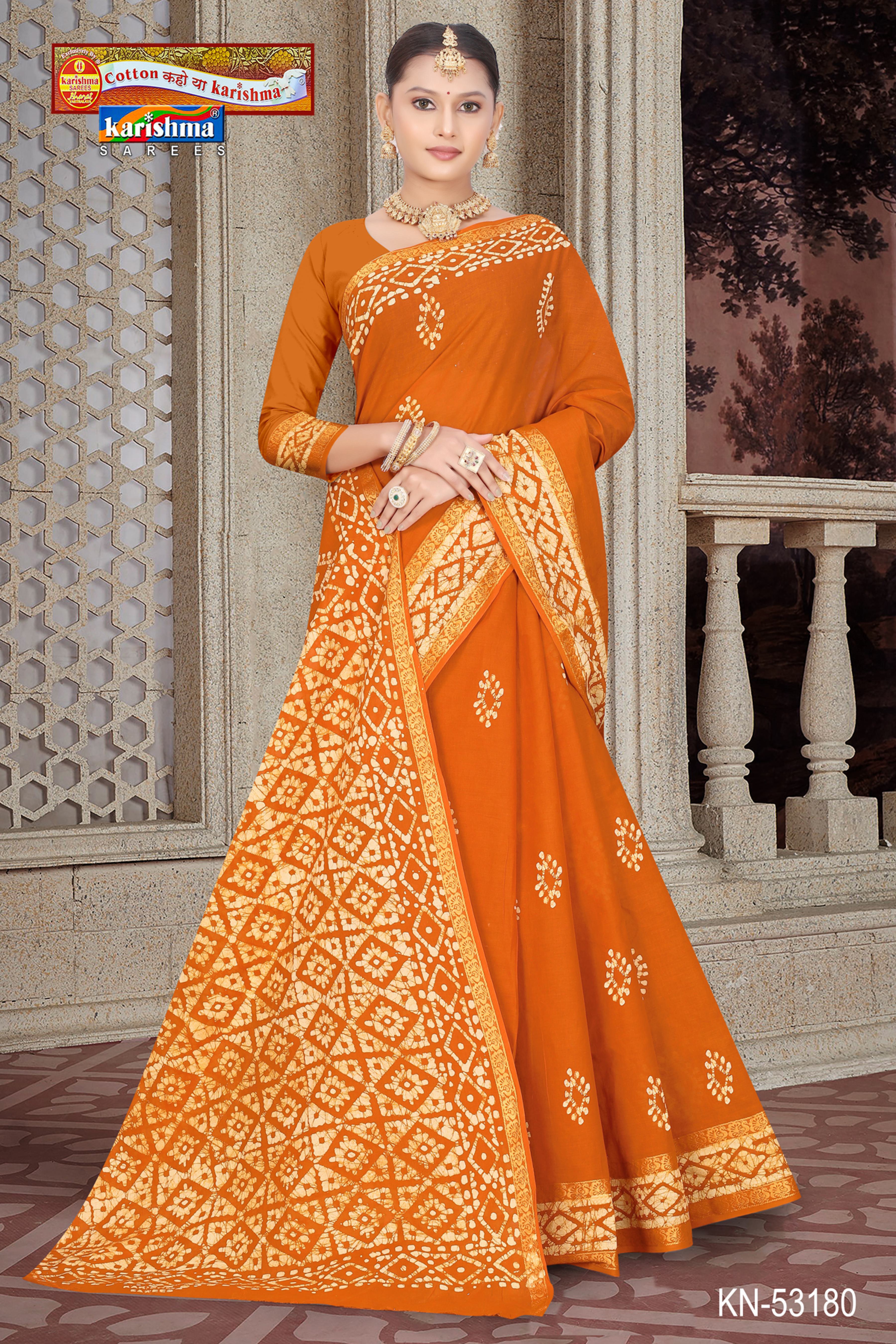 Orange Pure Cotton (Soft) Muslin Saree With Traditional Batik Design