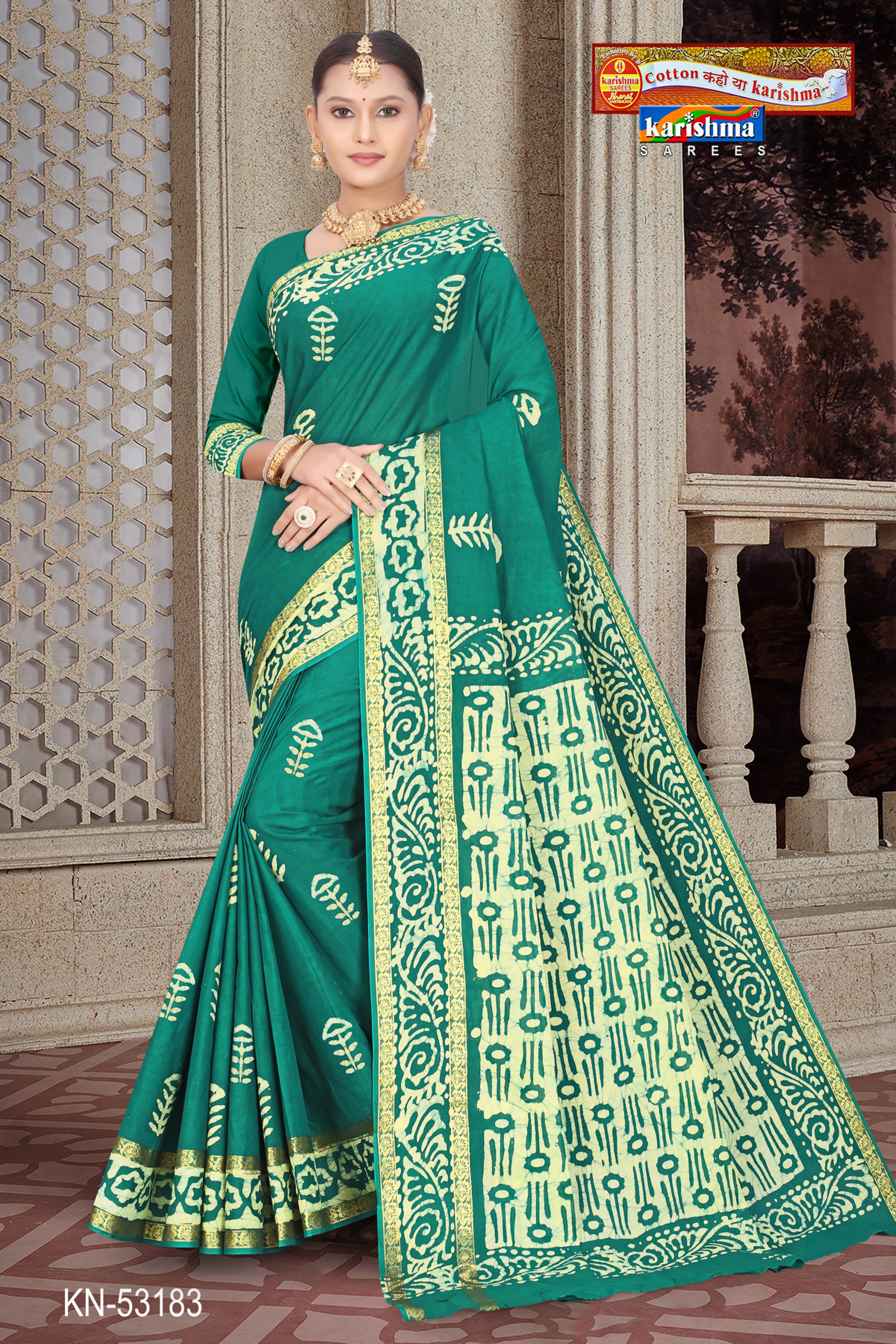 Green Pure Cotton (Soft) Muslin Saree With Traditional Batik Design