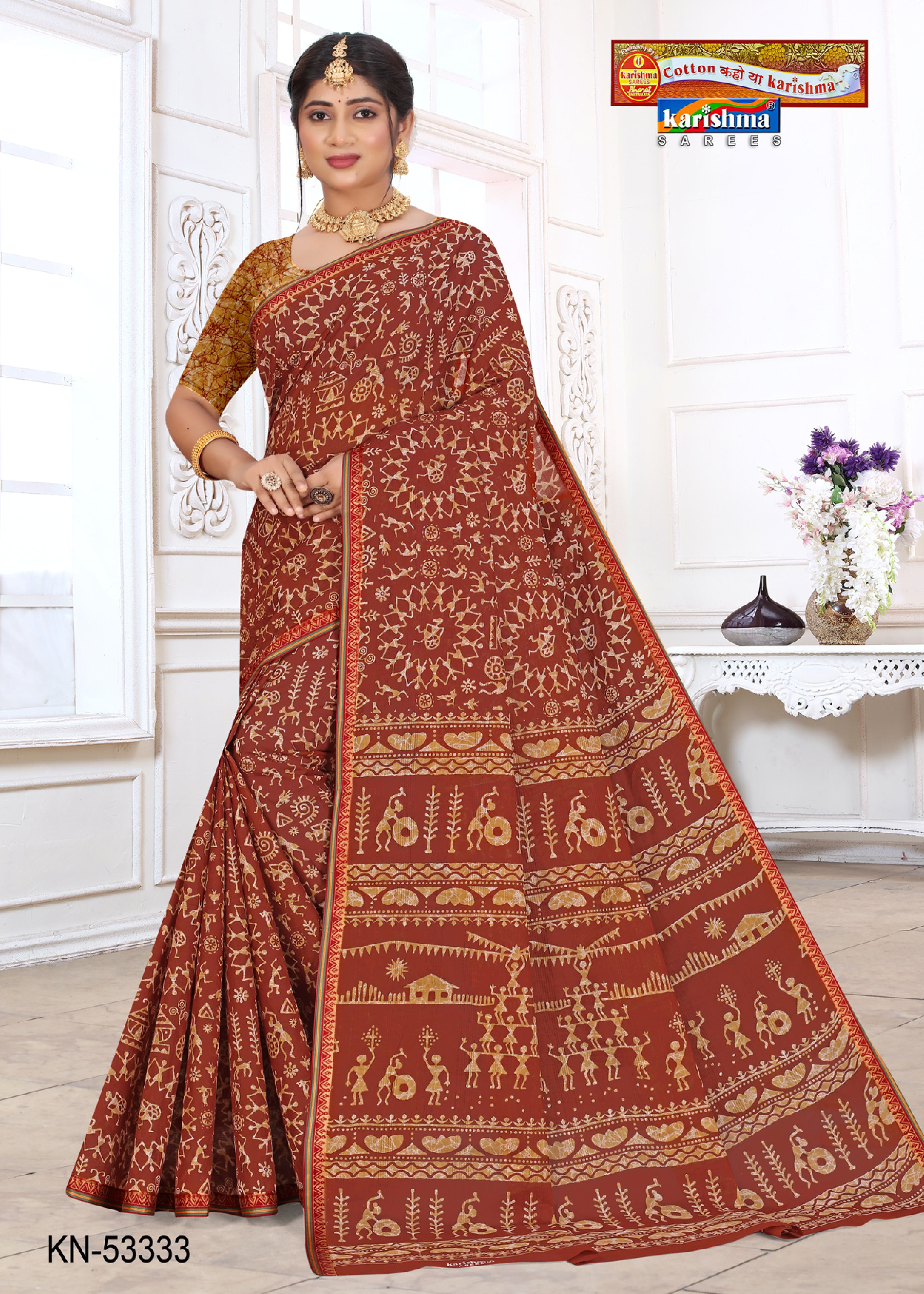 Coffee Brown Pure Cotton Mulmul (Stiff) Saree With Traditional Warli Print And Simple Rudraksha Border