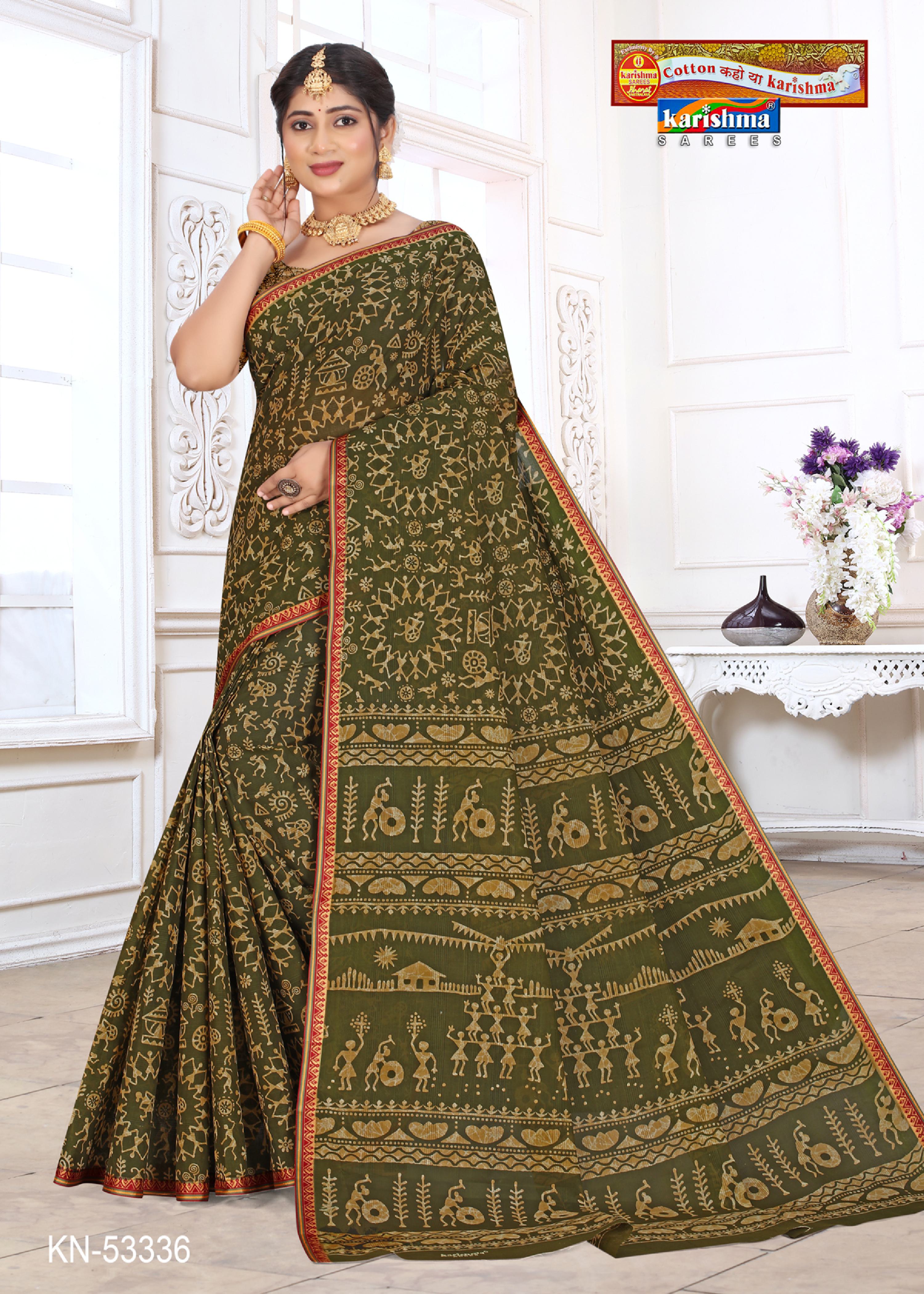 Olive Pure Cotton Mulmul (Stiff) Saree With Traditional Warli Print And Simple Rudraksha Border