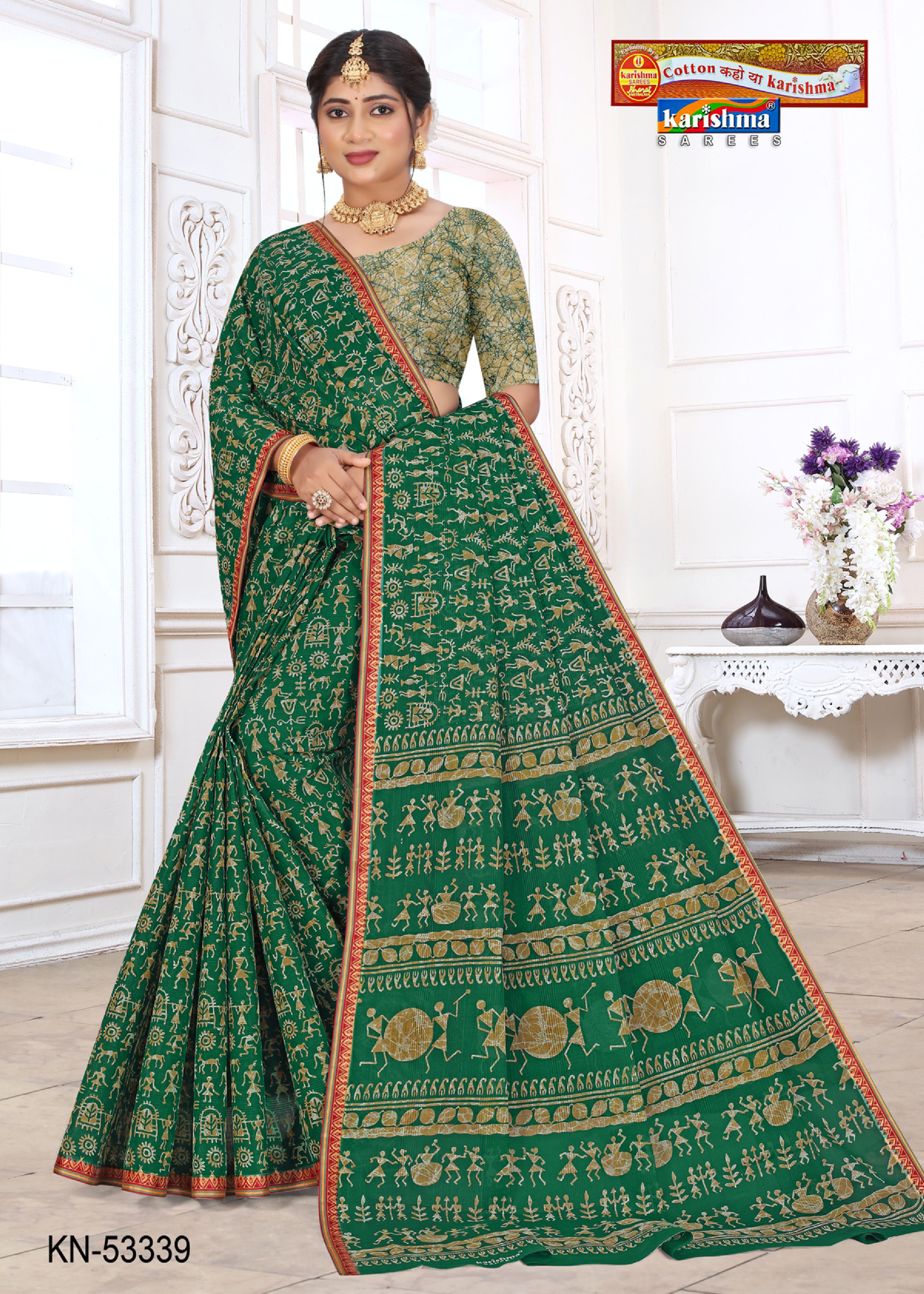 Green Pure Cotton Mulmul (Stiff) Saree With Traditional Warli Print And Simple Rudraksha Border