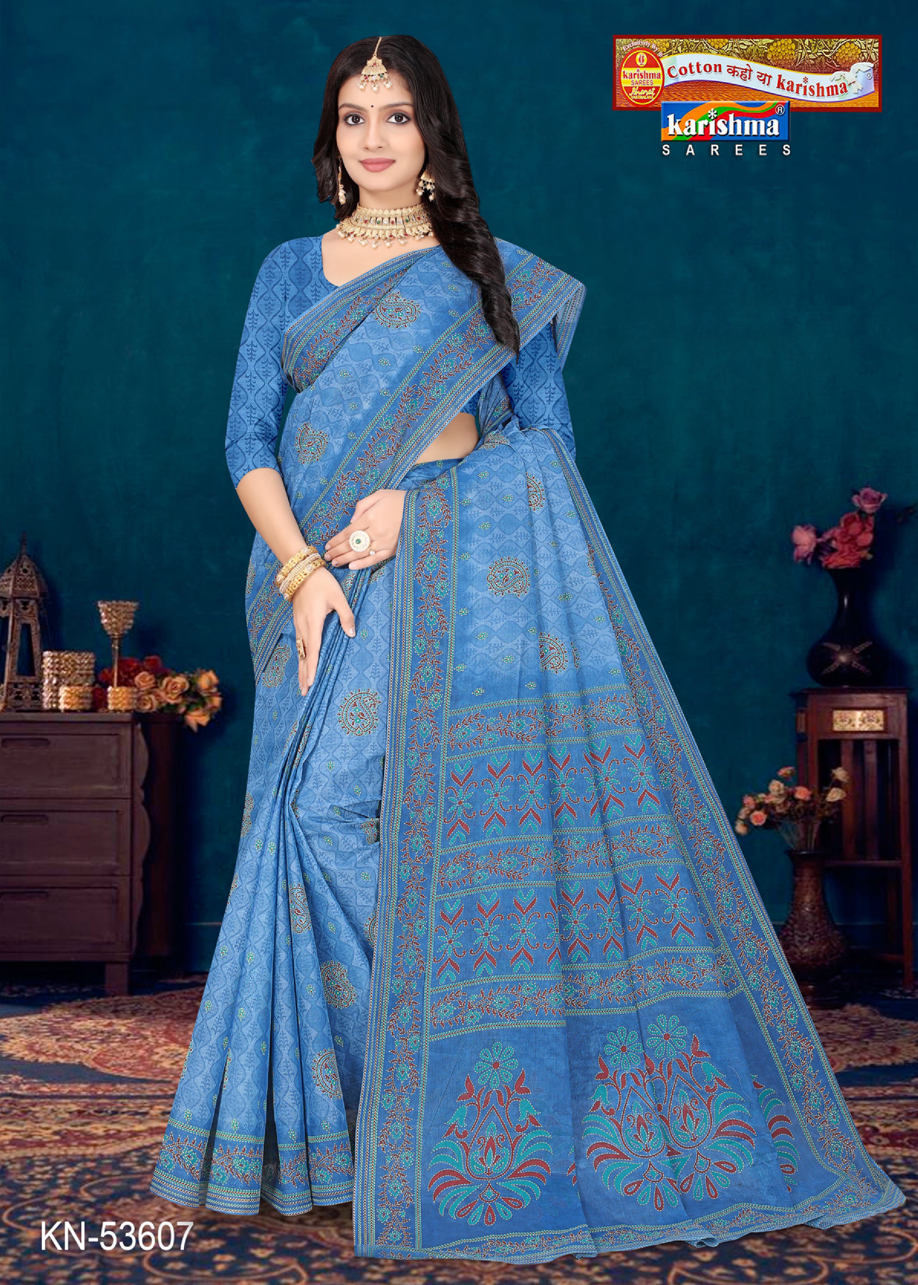Blue Pure Cotton Mulmul (Stiff) Saree With Small Floral Delicate Design And Border