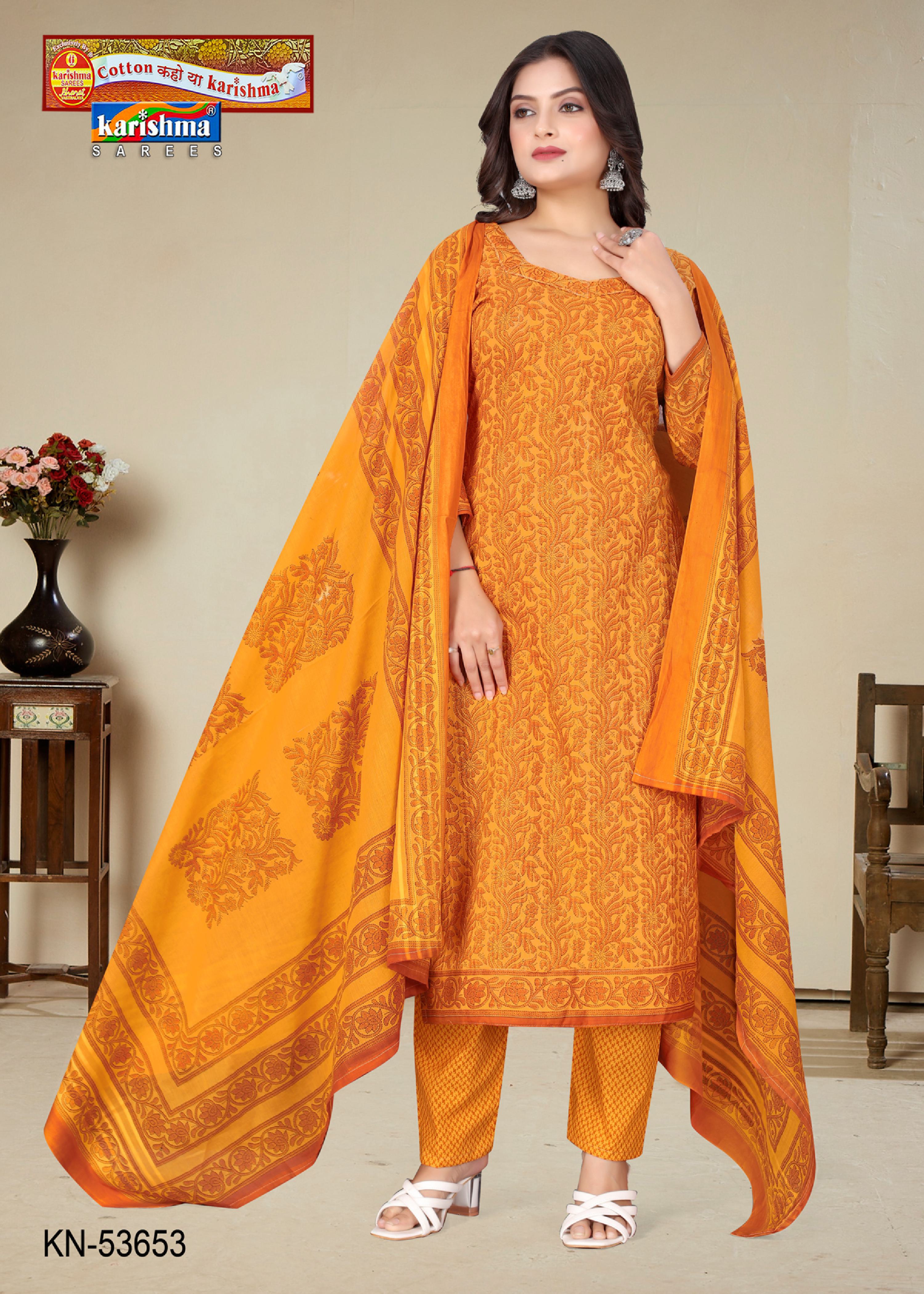 Mustard Pure Cotton Unstitched Dress Material With Simple Modern Design