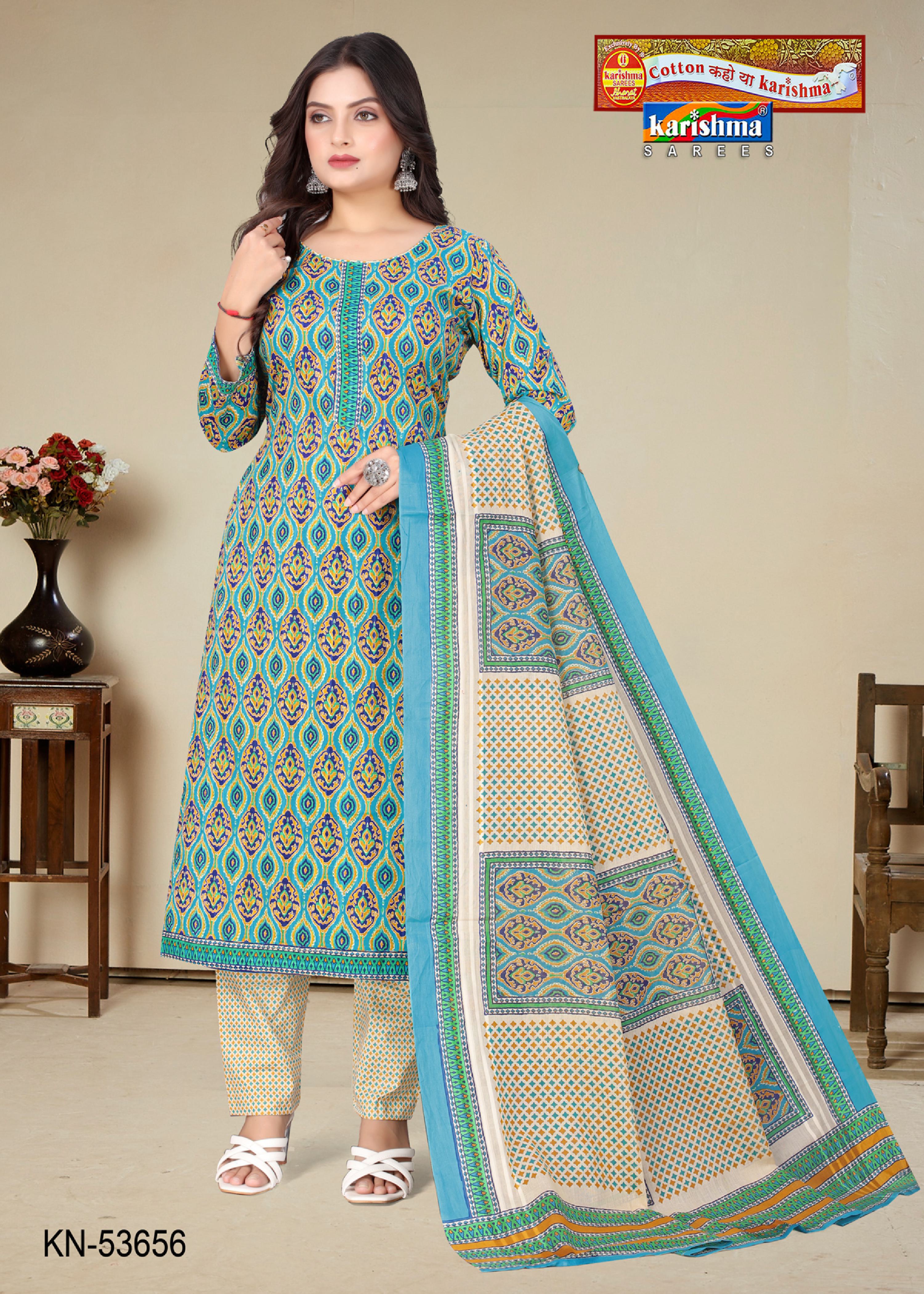 Blue Pure Cotton Unstitched Dress Material With Simple Modern Design