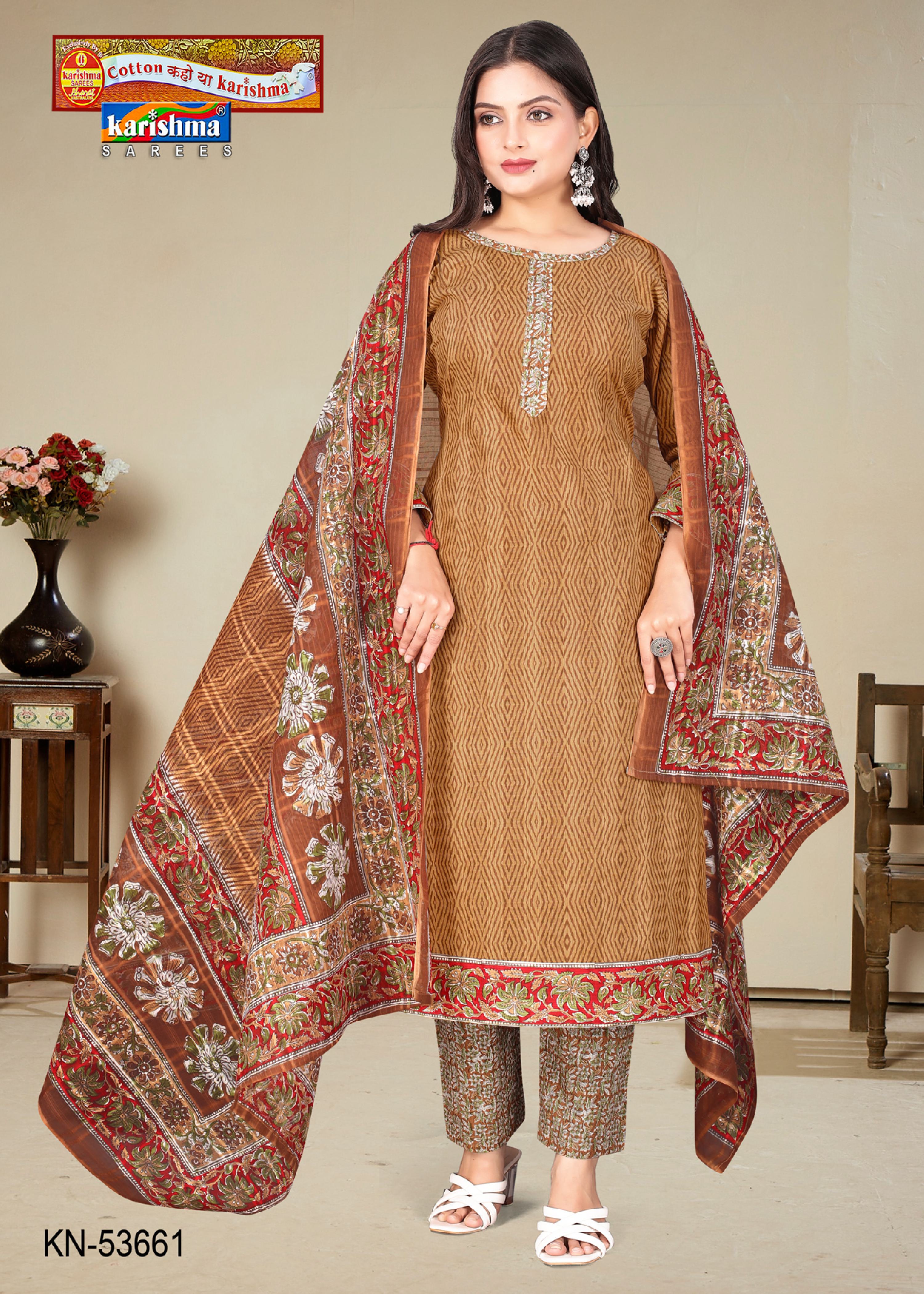 Brown Pure Cotton Unstitched Dress Material With Simple Modern Design