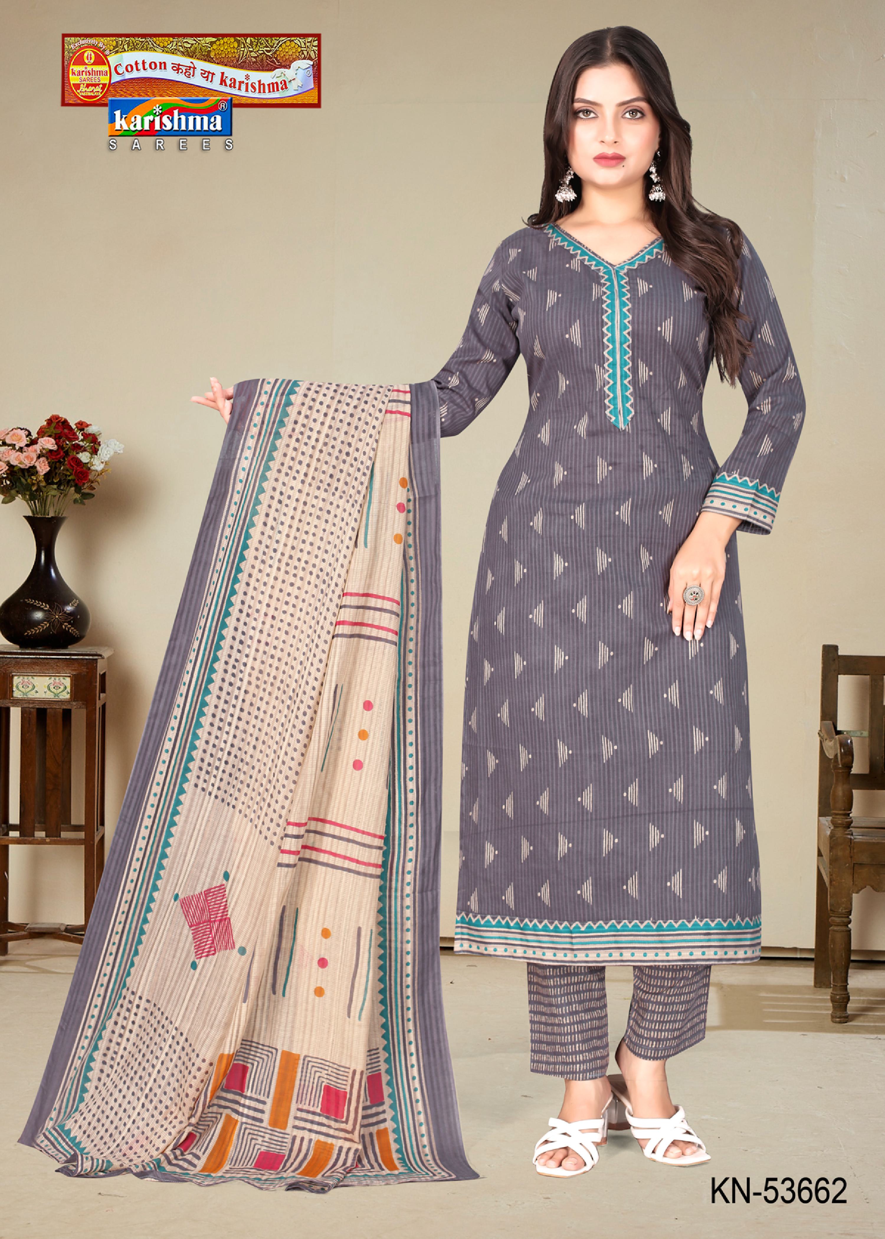Grey Pure Cotton Unstitched Dress Material With Simple Modern Design
