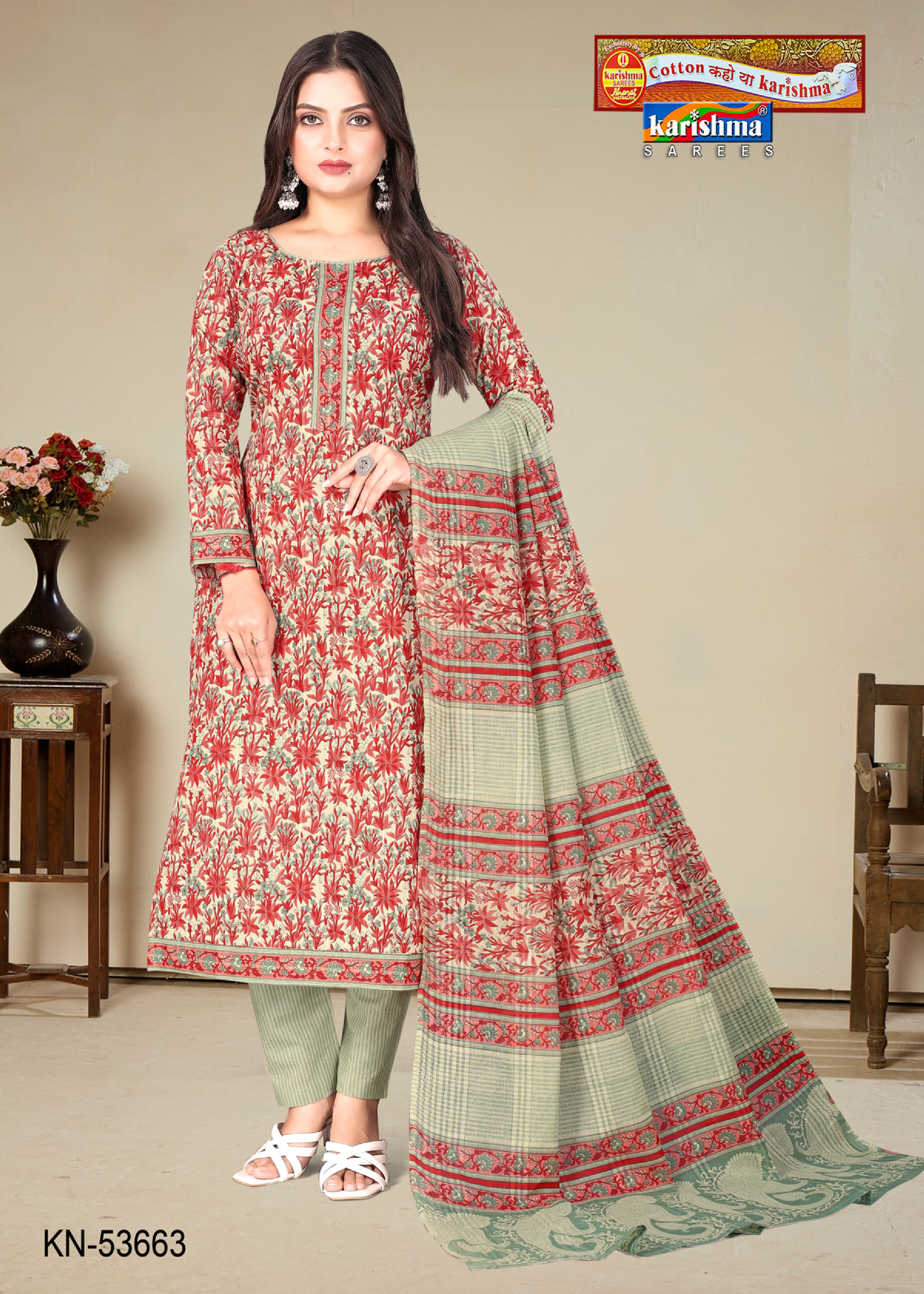 Green And Red Pure Cotton Unstitched Dress Material With Simple Modern Design