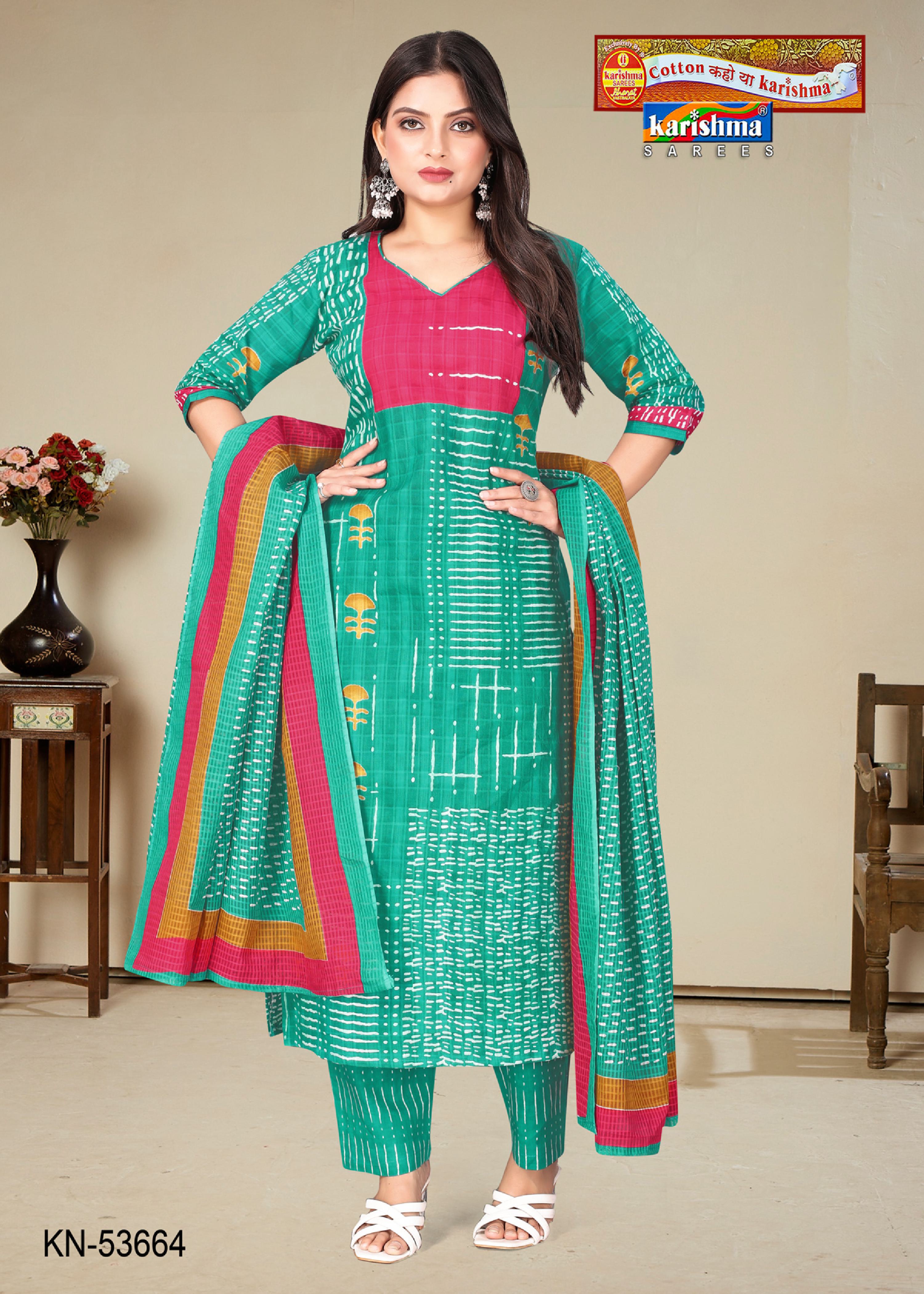 Teal And Green Pure Cotton Unstitched Dress Material With Simple Modern Design