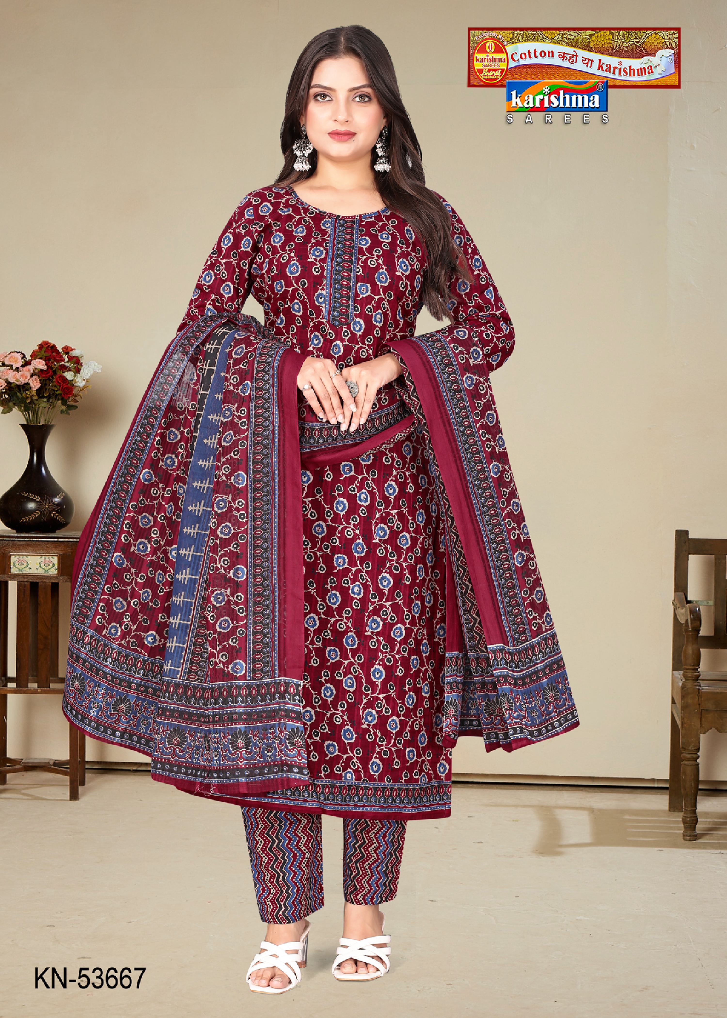 Maroon Pure Cotton Unstitched Dress Material With Simple Modern Design