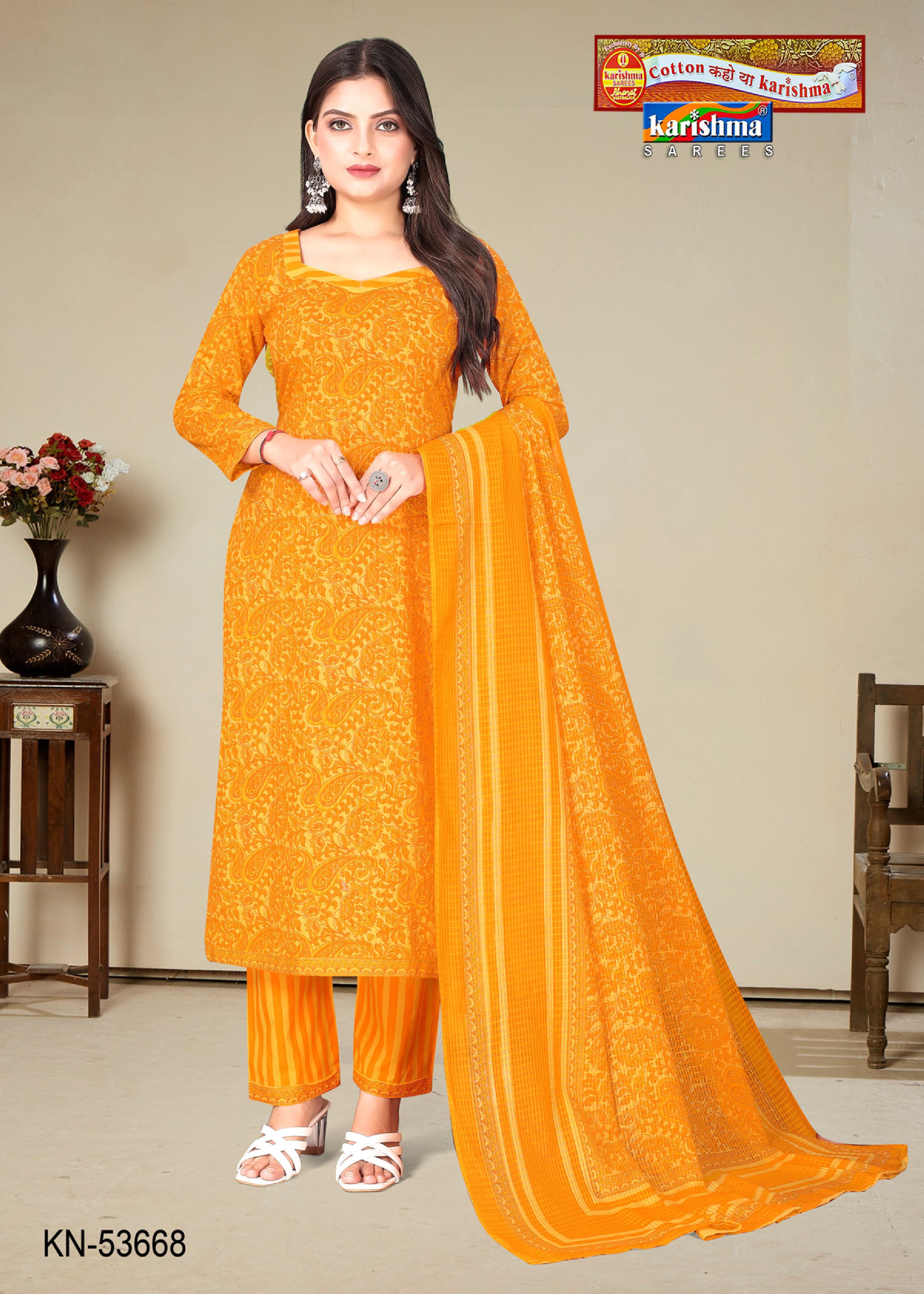 Yellow and Orange Pure Cotton Unstitched Dress Material With Simple Modern Design