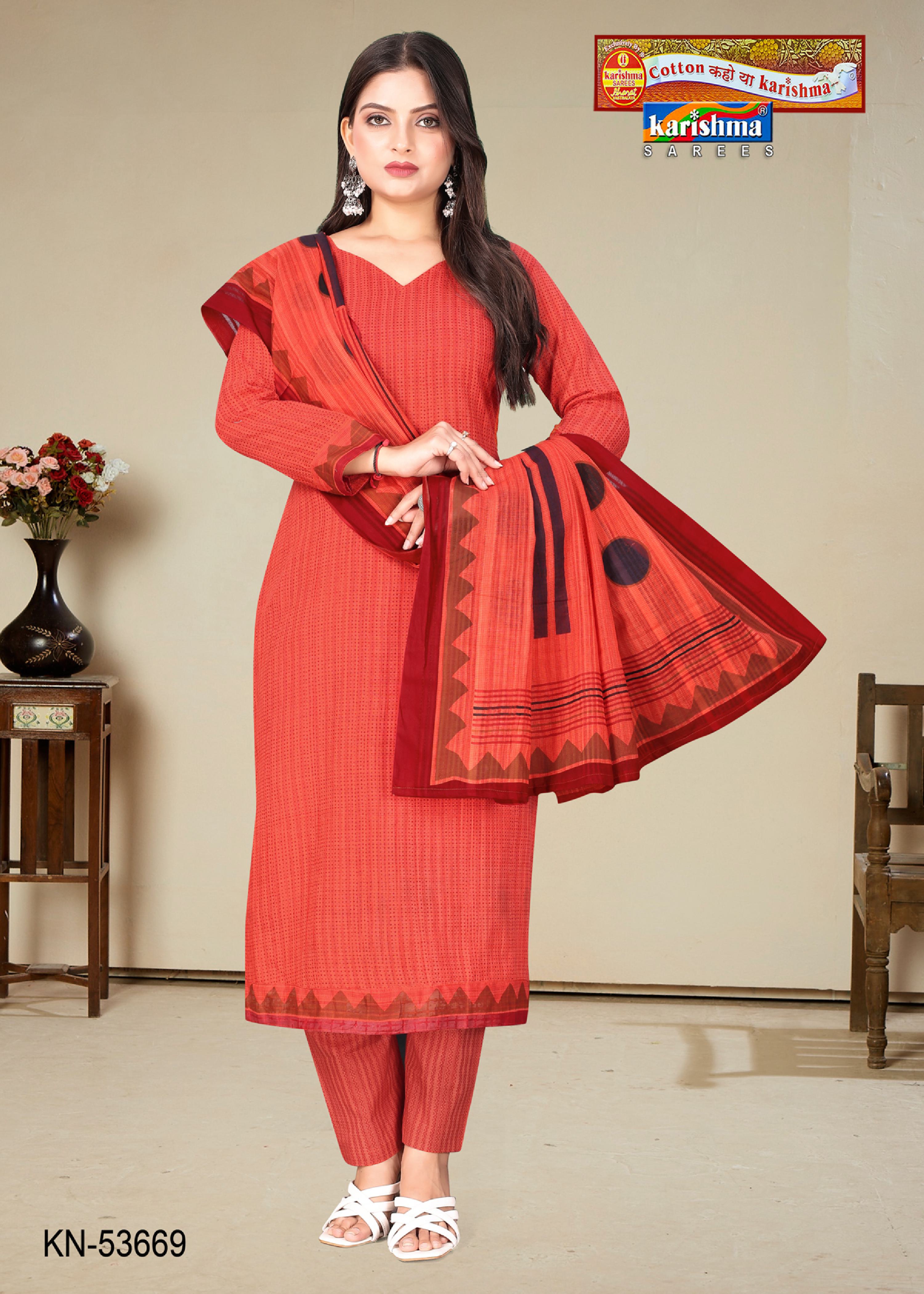 Red Pure Cotton Unstitched Dress Material With Simple Modern Design