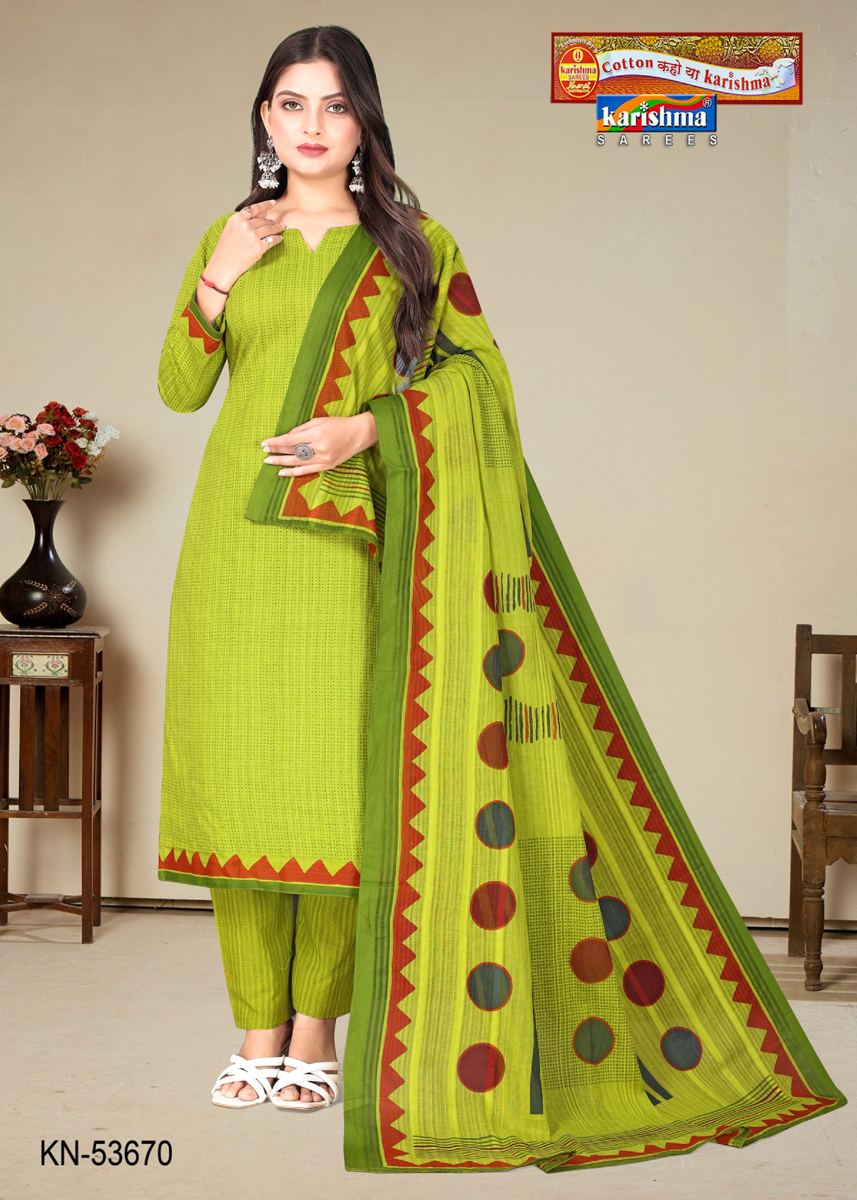 Light Green Pure Cotton Unstitched Dress Material With Simple Modern Design
