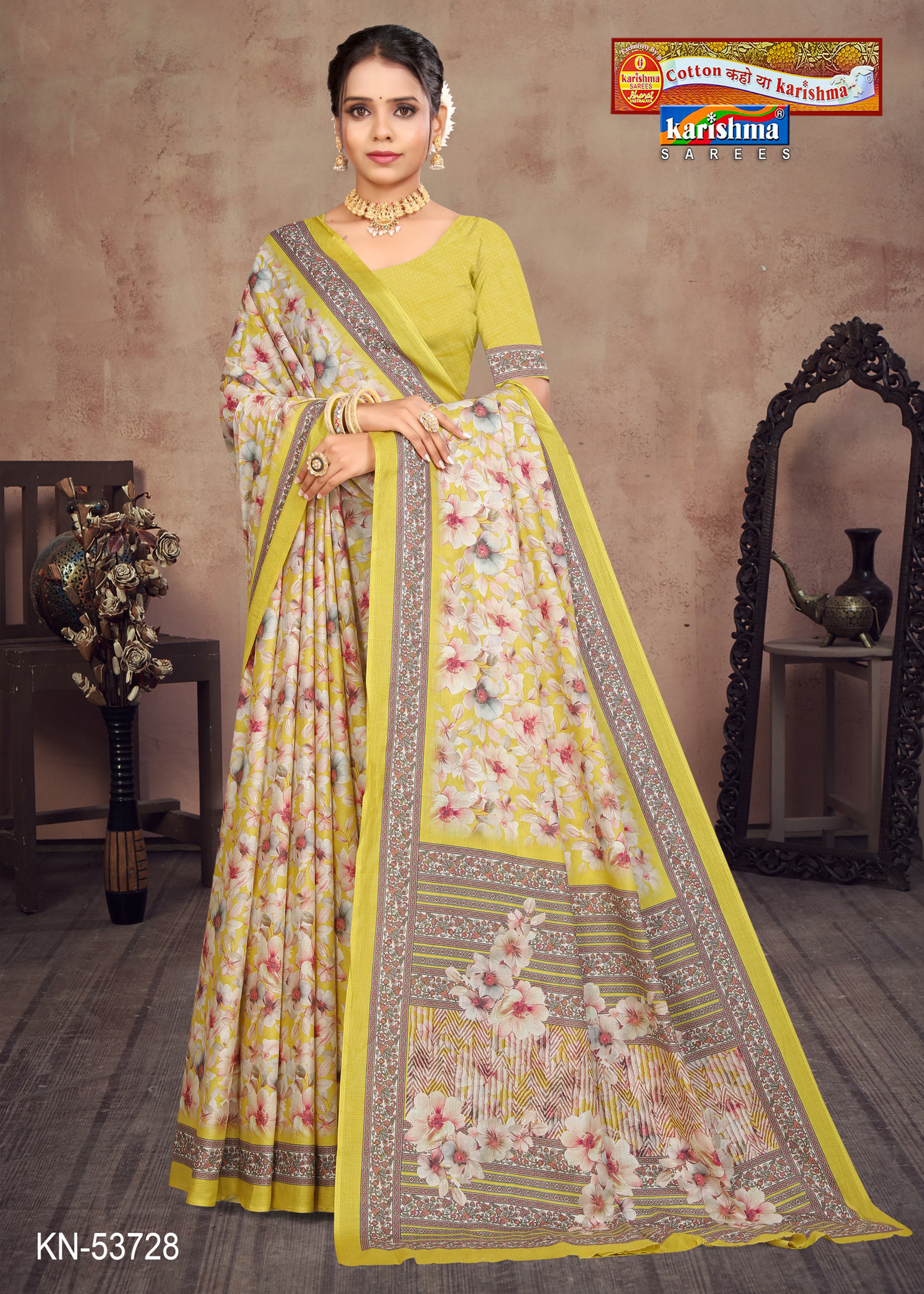 Lemon Yellow Pure Cotton Muslin (Soft) Saree With Floral Design