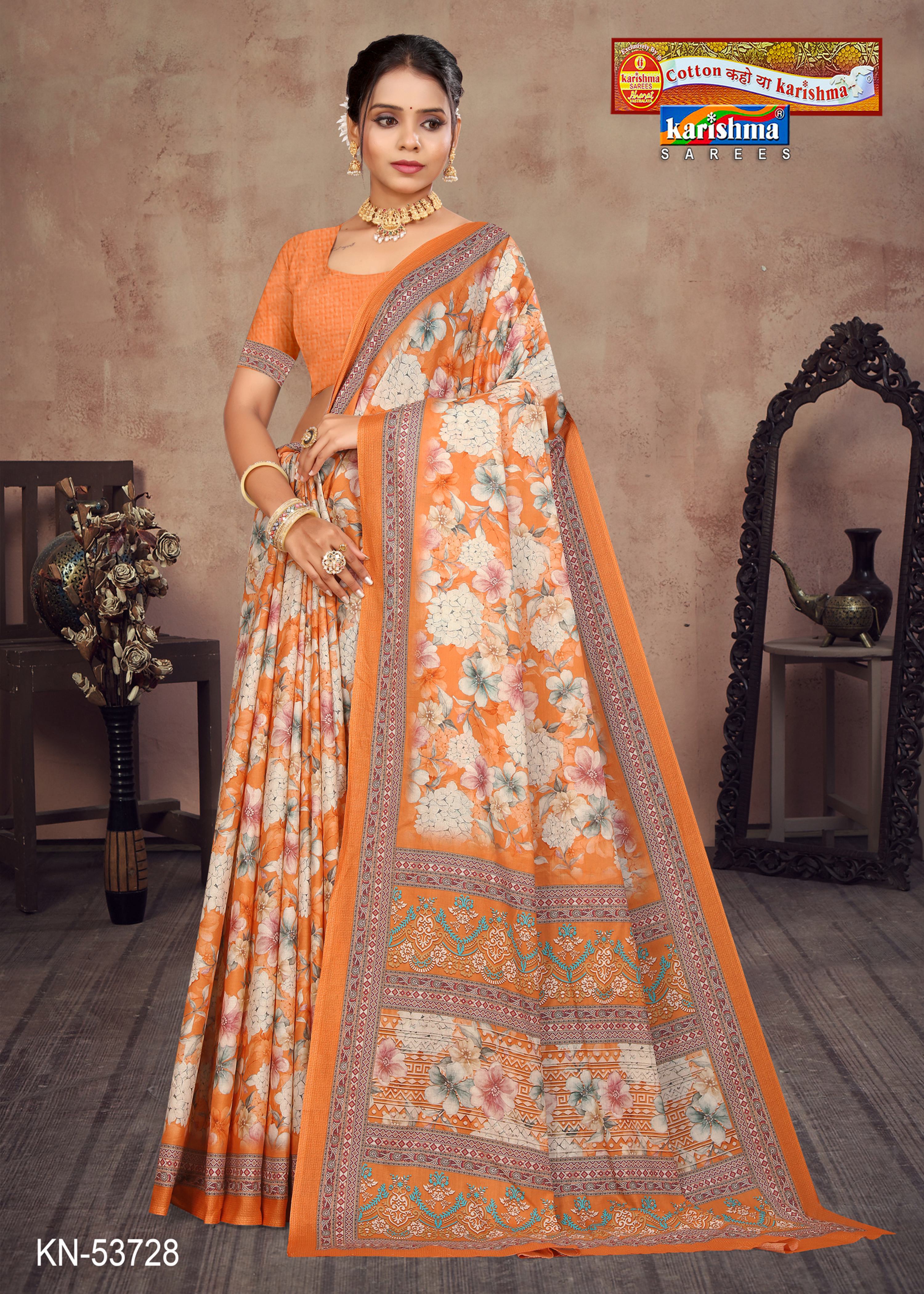 Orange Pure Cotton Muslin (Soft) Saree With Floral Design
