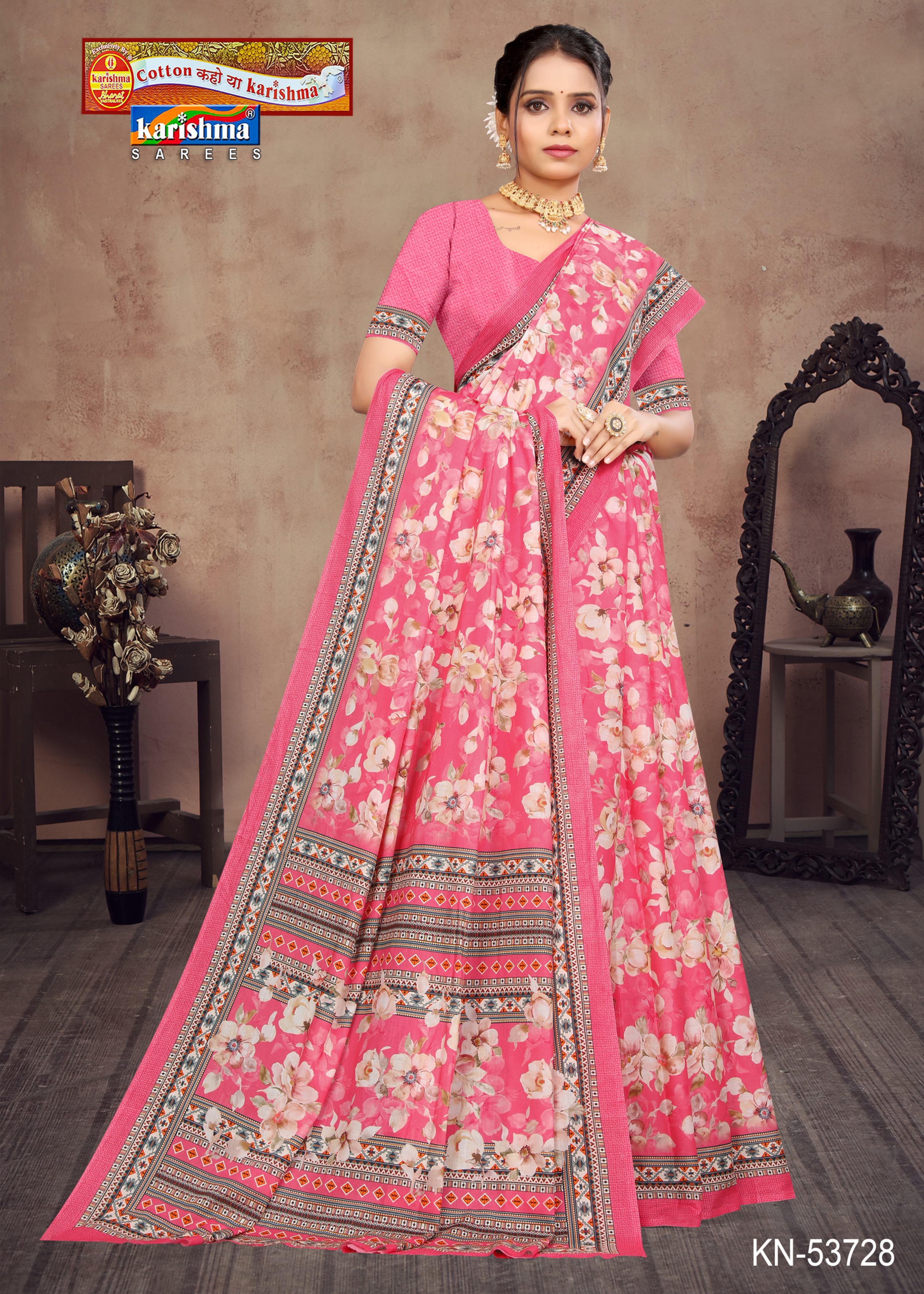 Pink Pure Cotton Muslin (Soft) Saree With Floral Design