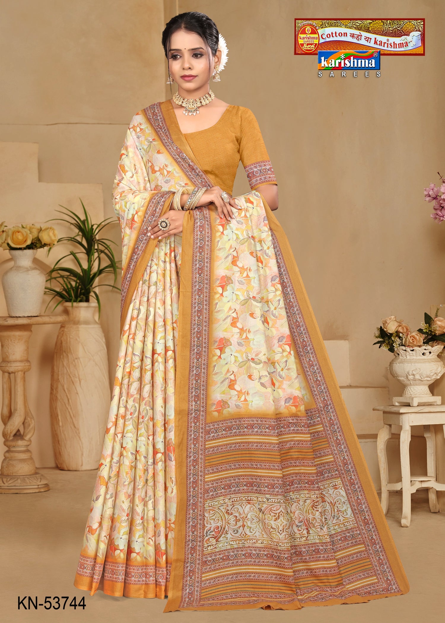 Mustard Pure Cotton Malai (Soft) Saree With Floral Design