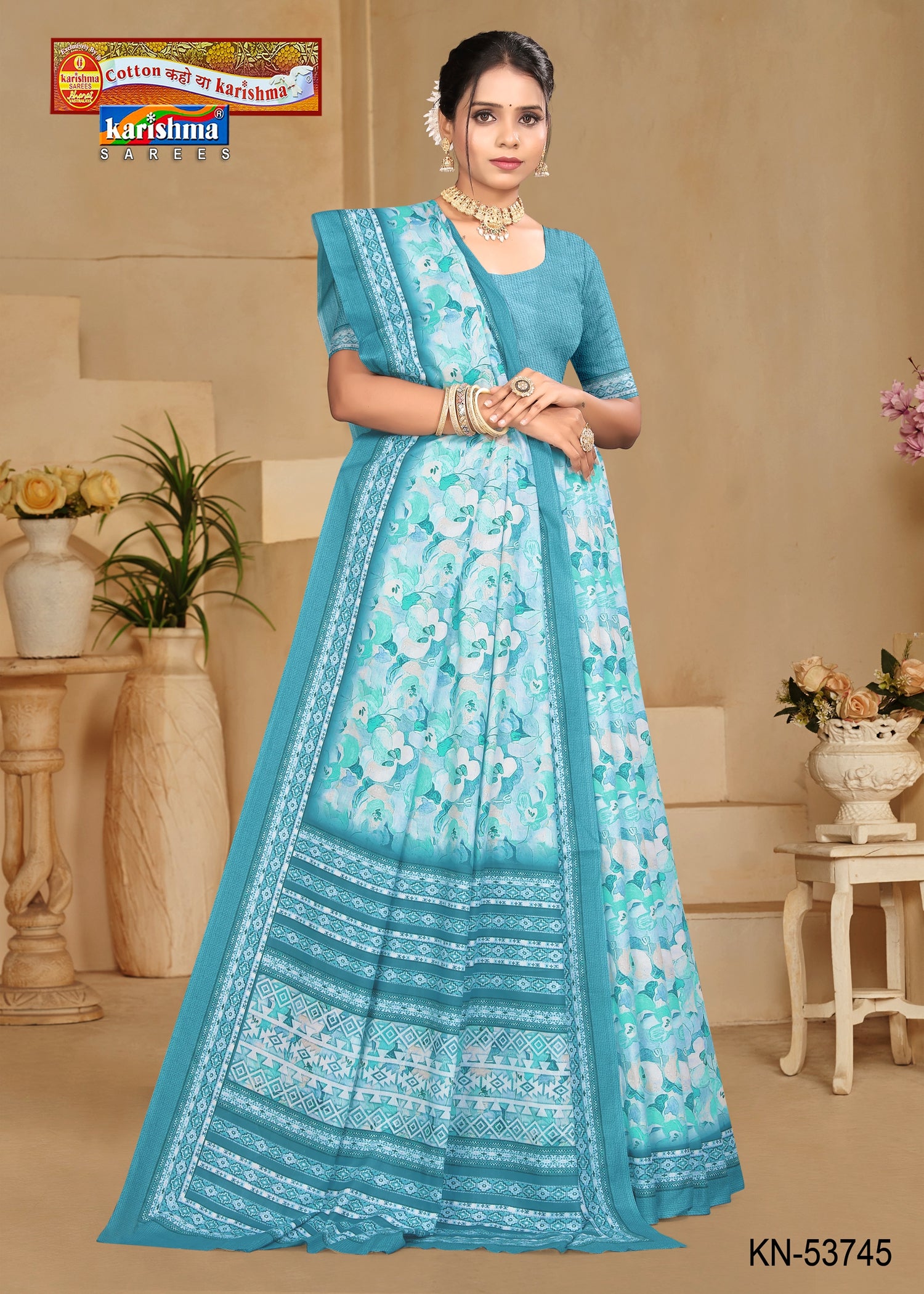Blue Pure Cotton Malai (Soft) Saree With Floral Design