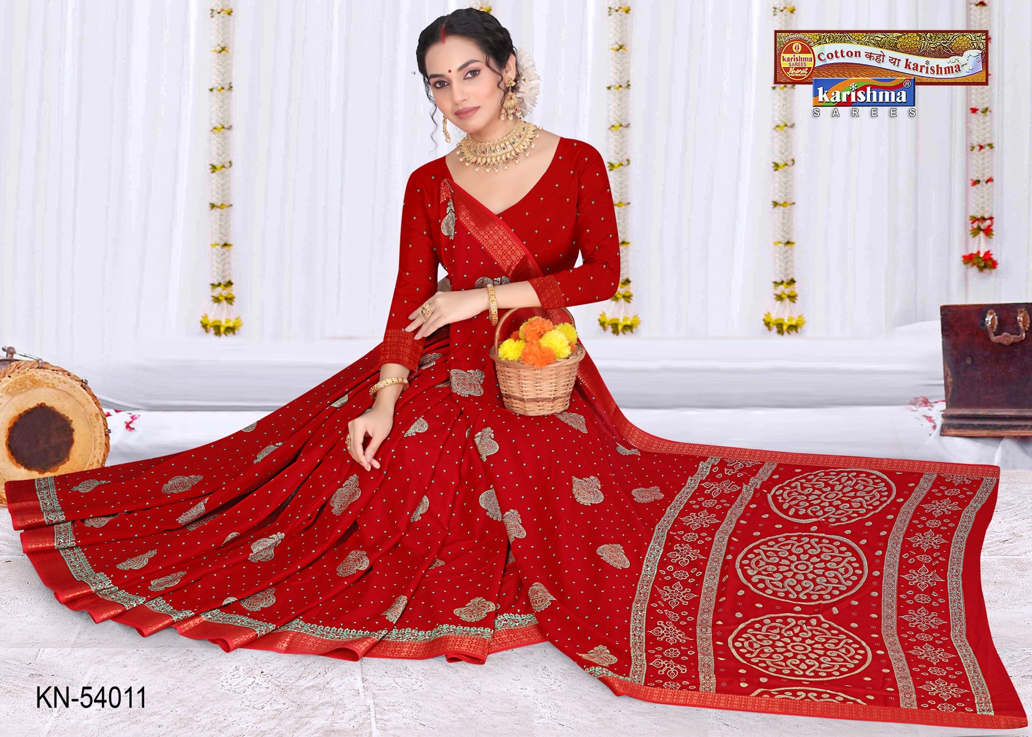Red Traditional Design Pure Cotton (Soft) Muslin Saree With Elegant Border