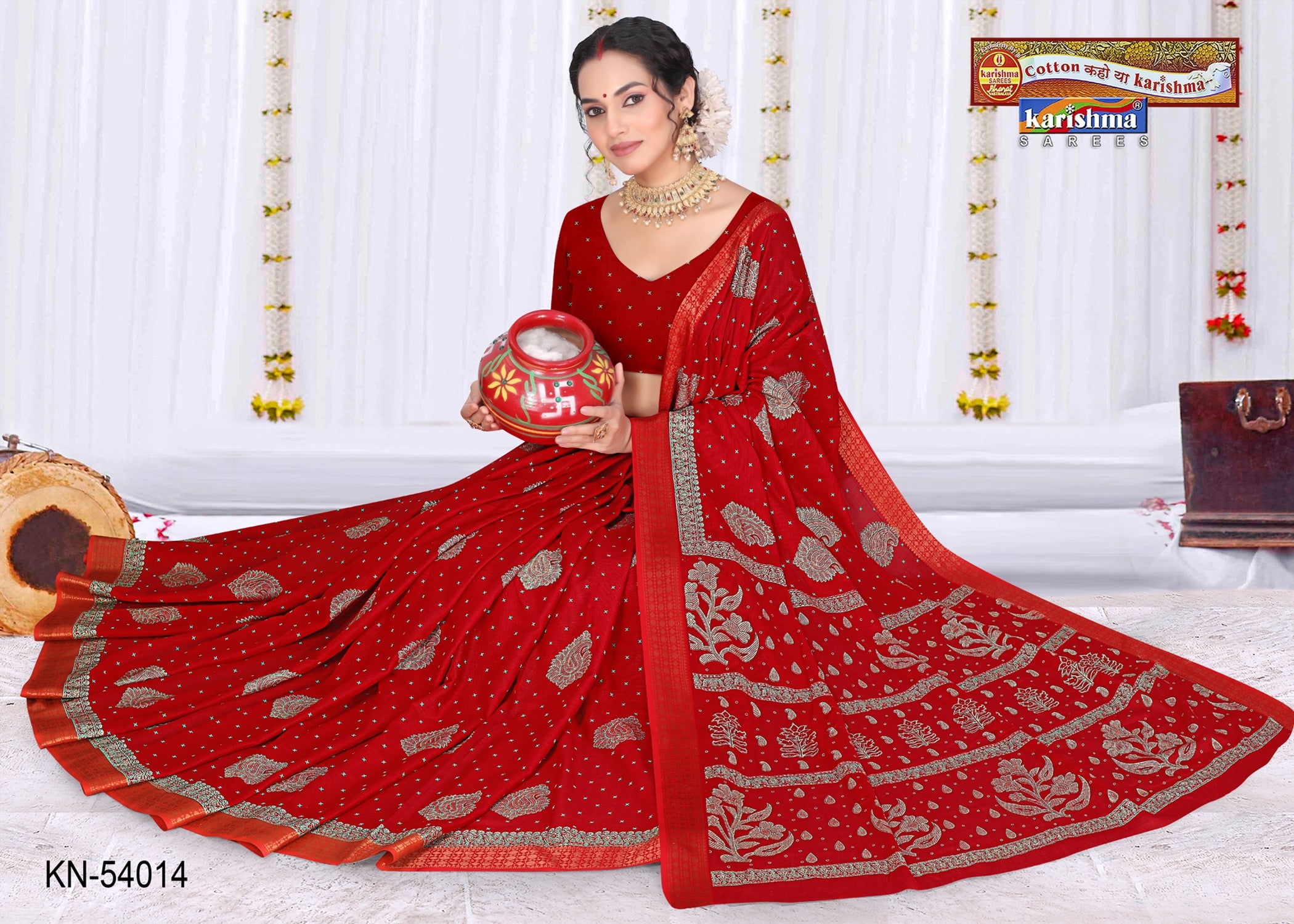 Red Traditional Design Pure Cotton (Soft) Muslin Saree With Elegant Border