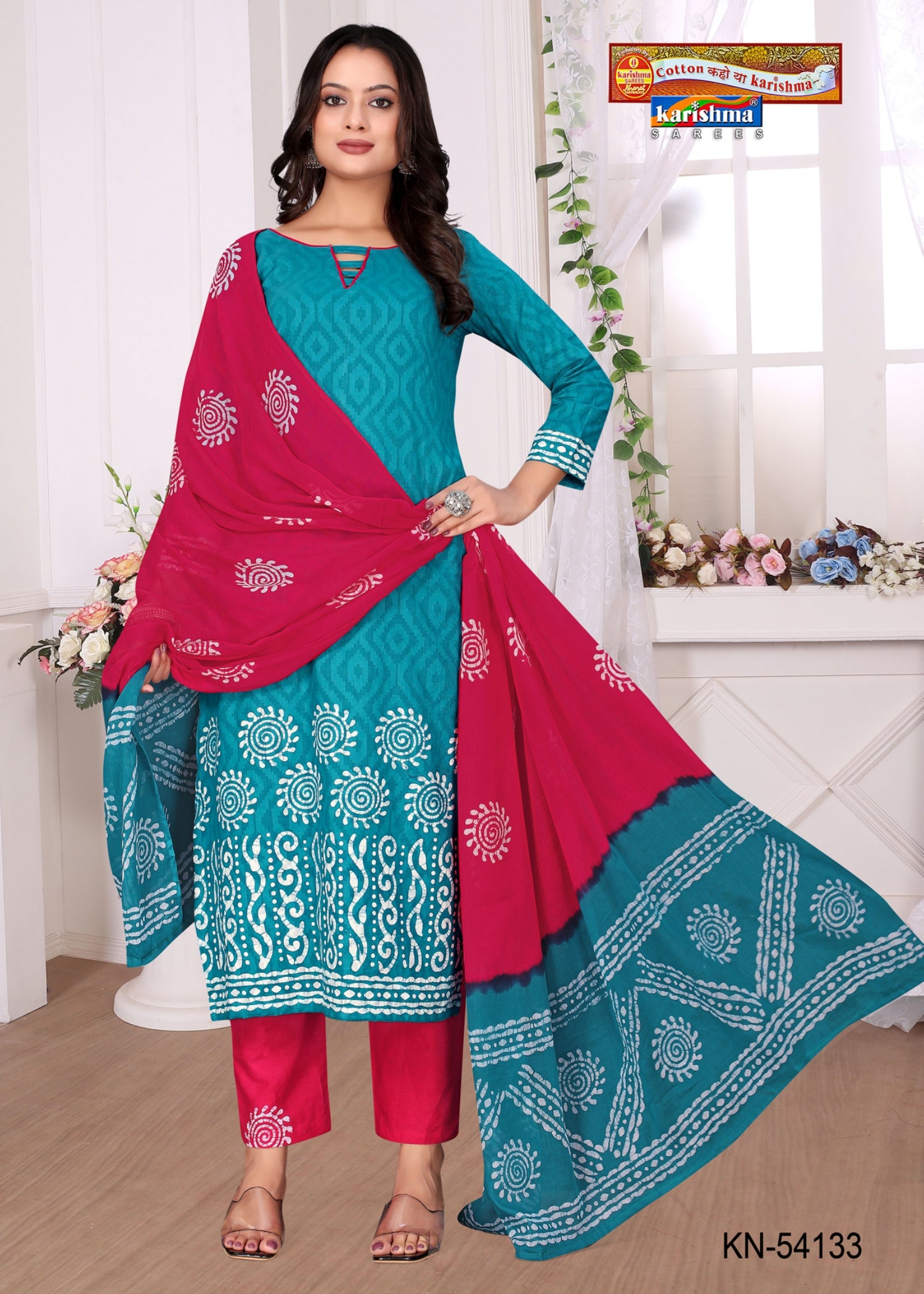Blue And Pink Pure Cotton Unstiched Dress Material With Traditional Batik Design