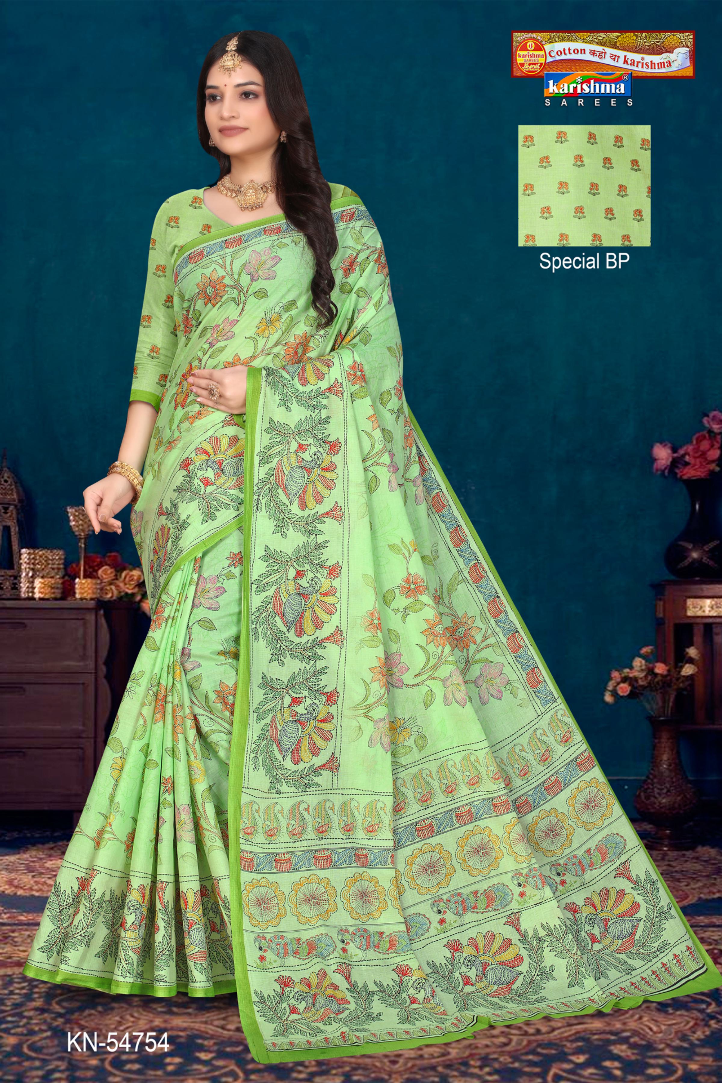Green Pure Cotton (Soft) Malai Saree With Floral Print