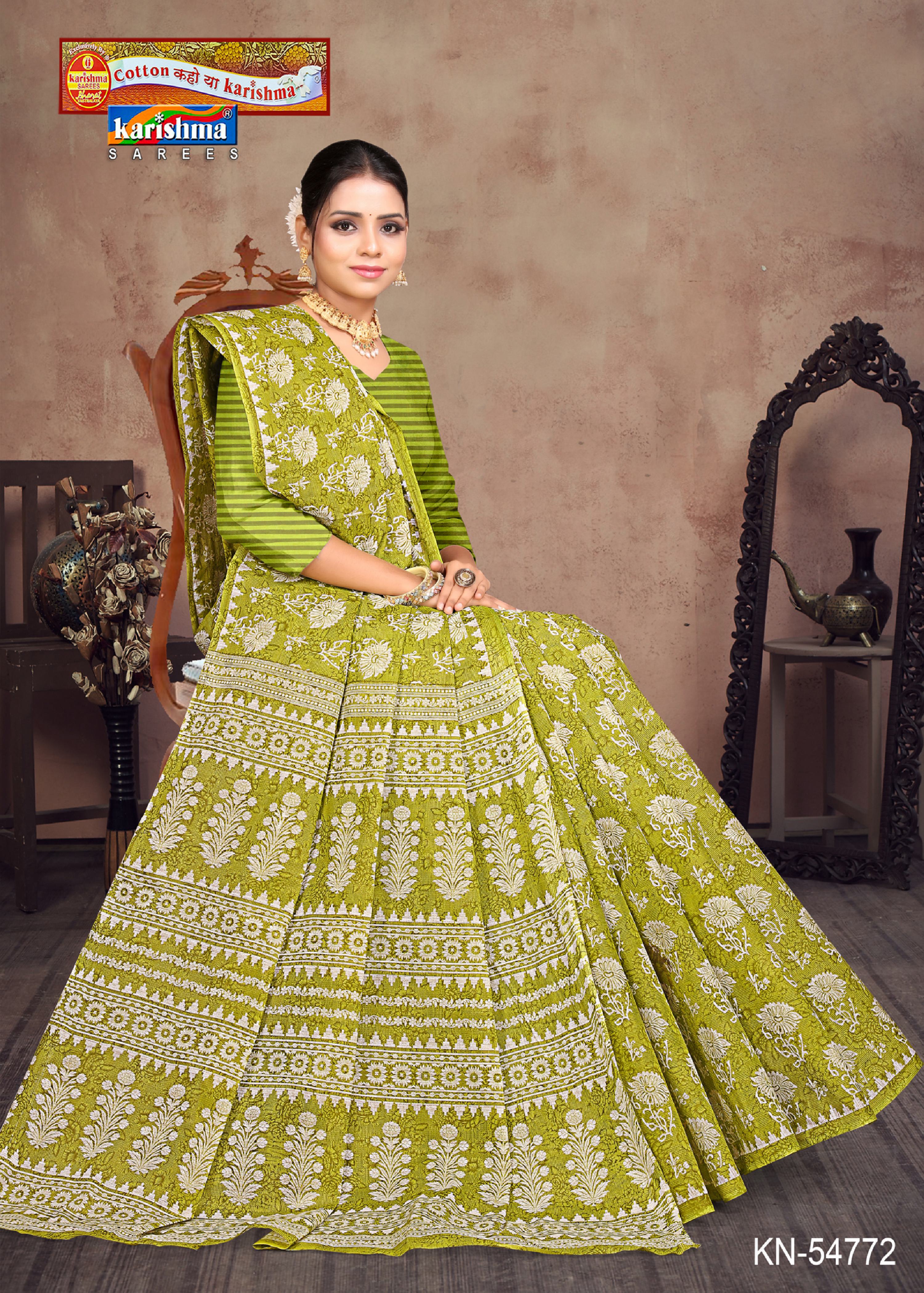 Olive Pure Cotton Mulmul (Medium soft) Saree With Floral Design