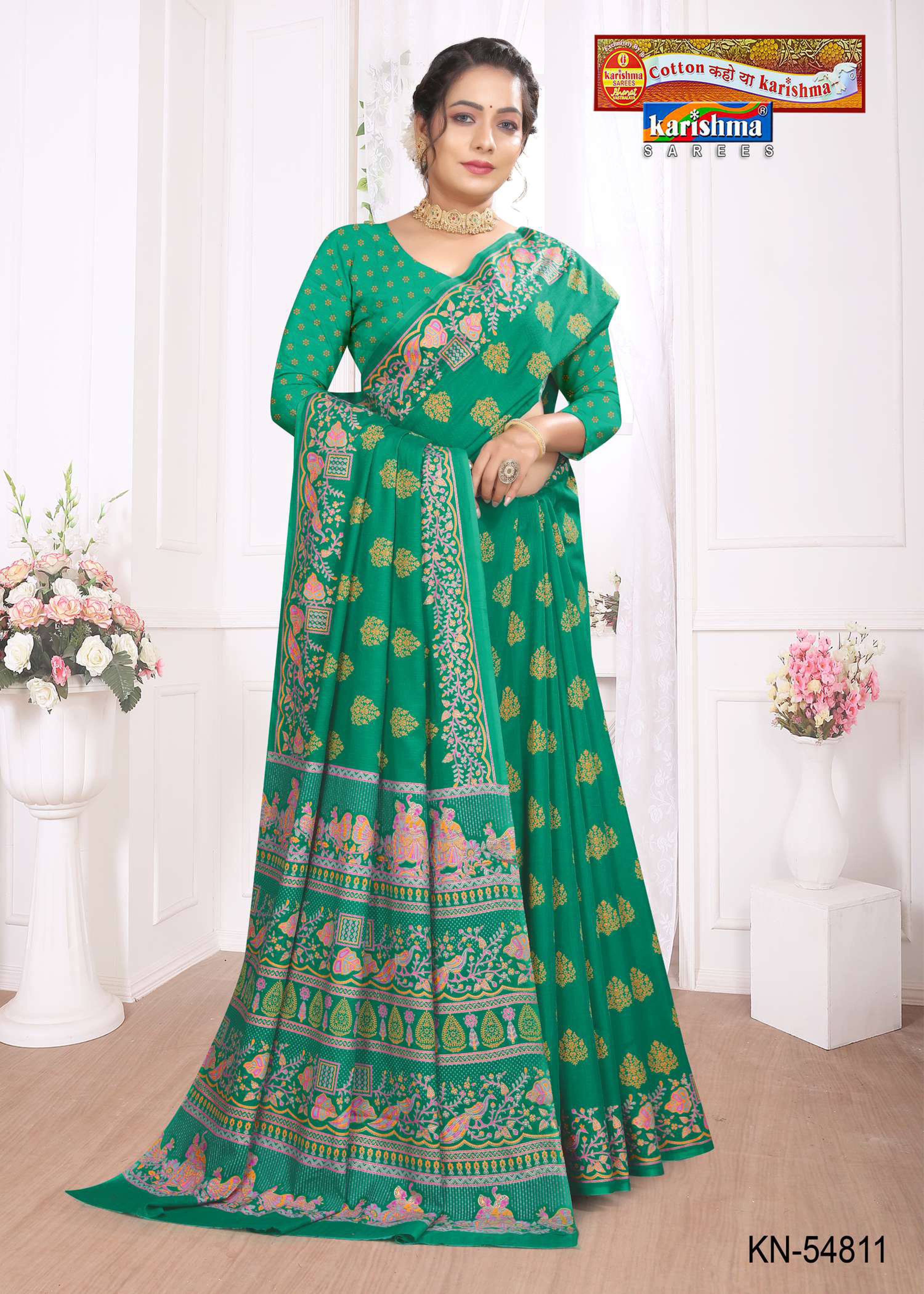 Green Pure Cotton Herringbone (Soft) Saree With Figure And Elephant At The Border