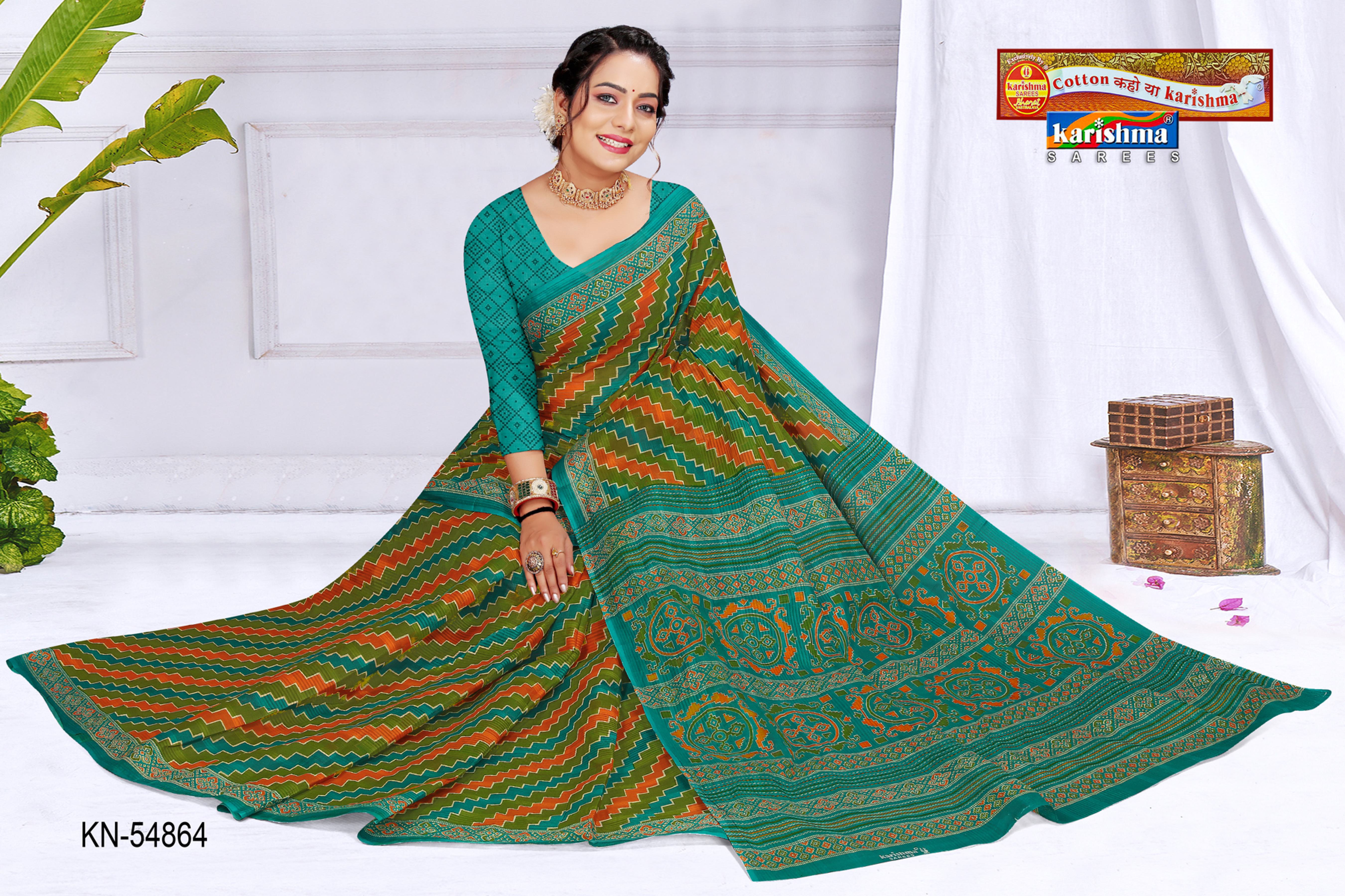 Green And Orange Pure Cotton Mulmul (Medium Soft) Saree With Traditional Leheriya Design
