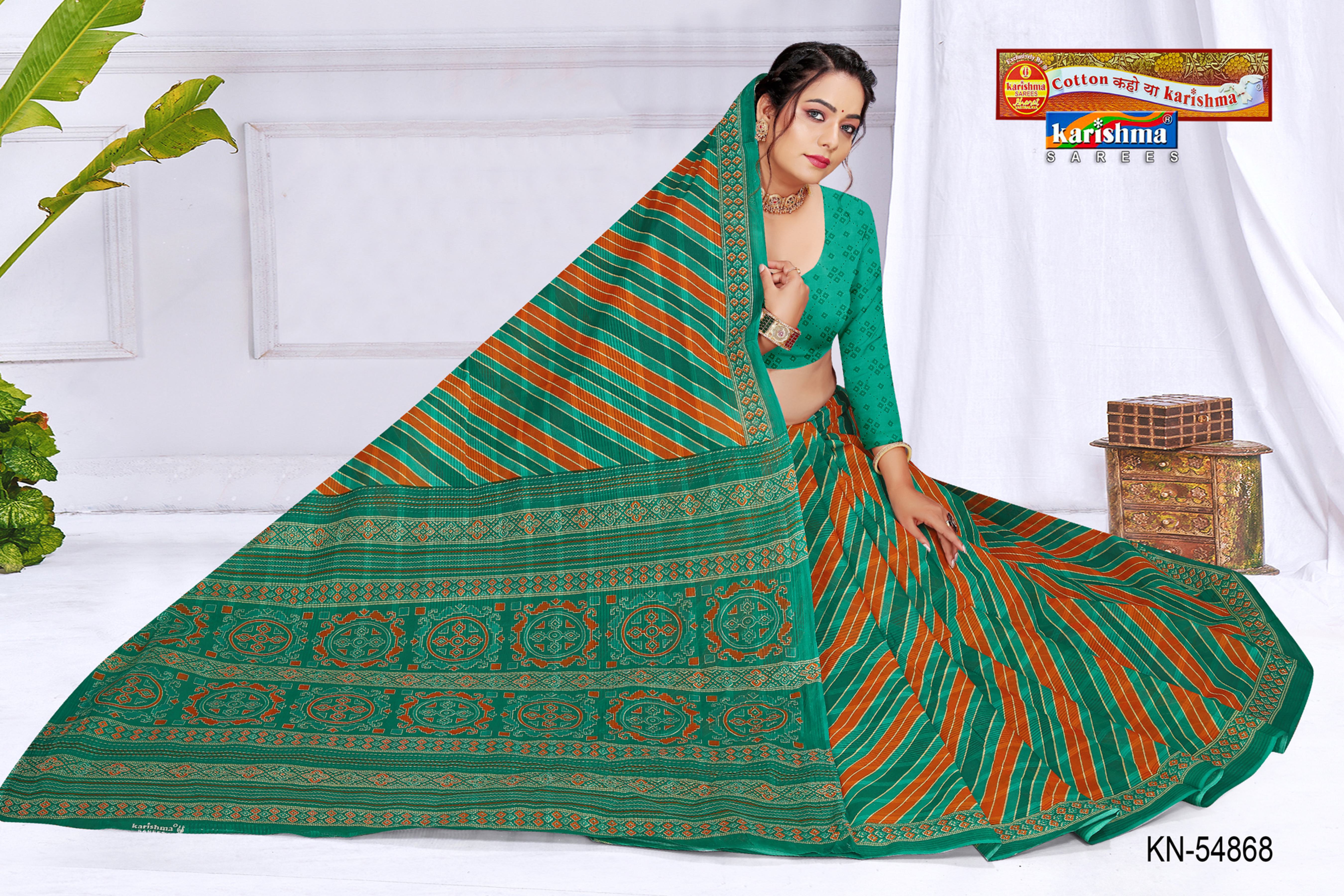 Green And Teal Pure Cotton Mulmul (Medium Soft) Saree With Traditional Leheriya Design