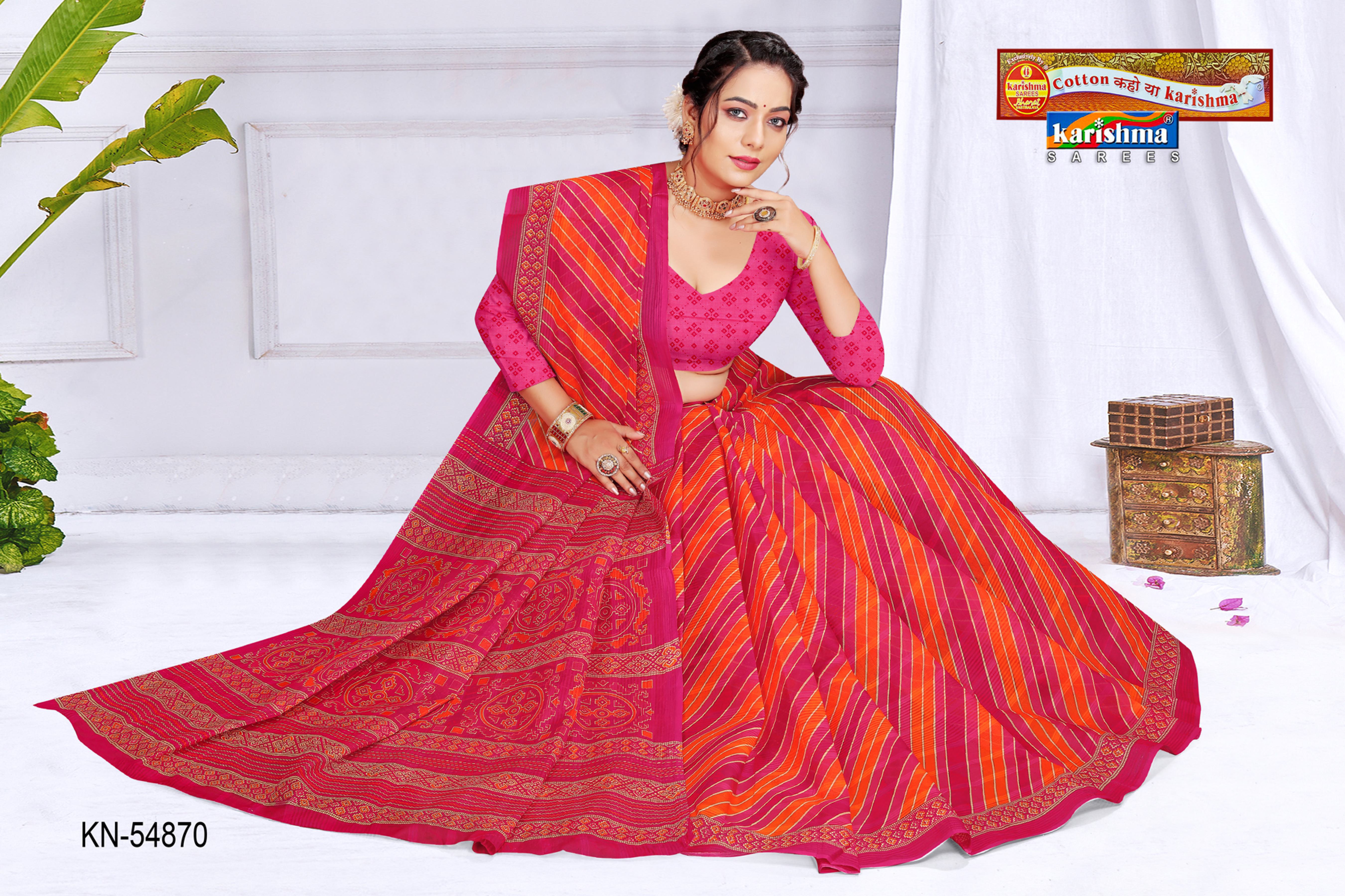 Orange And Pink  Pure Cotton Mulmul (Medium Soft) Saree With Traditional Leheriya Design