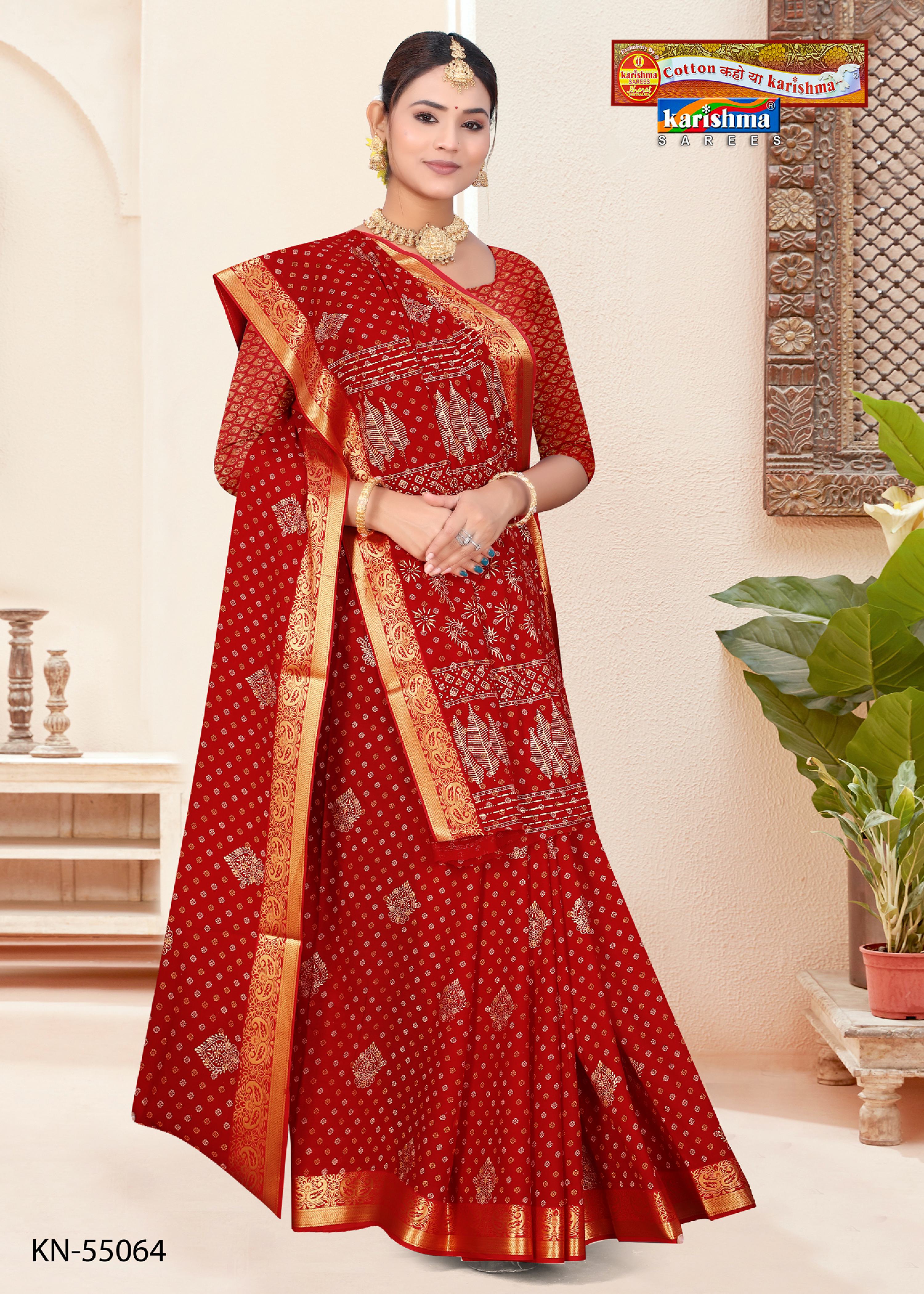 Red Pure Cotton Malai (Soft) Saree With Traditional Butti And Paisely Design Golden Border