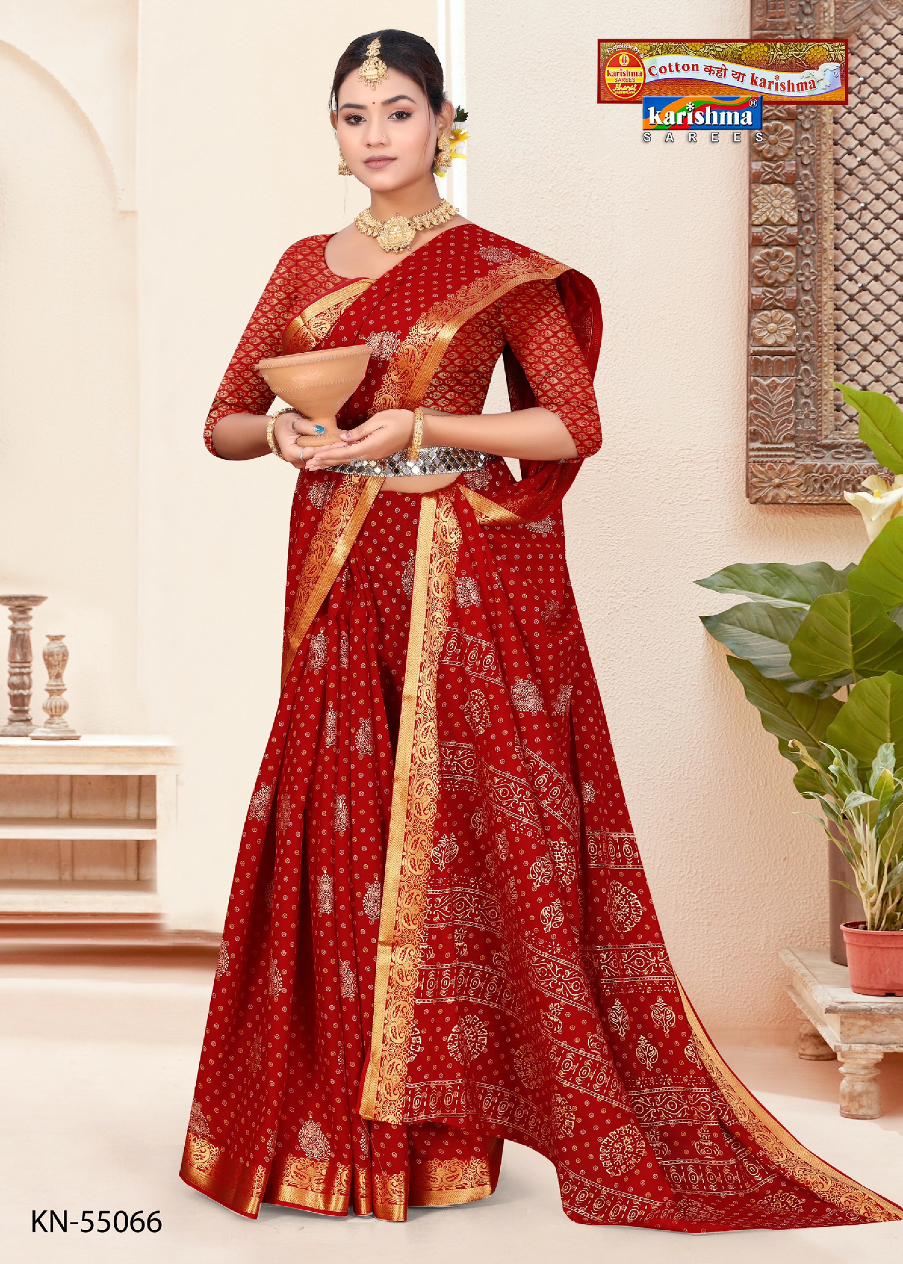 Red Pure Cotton Malai (Soft) Saree With Traditional Butti And Paisely Design Golden Border